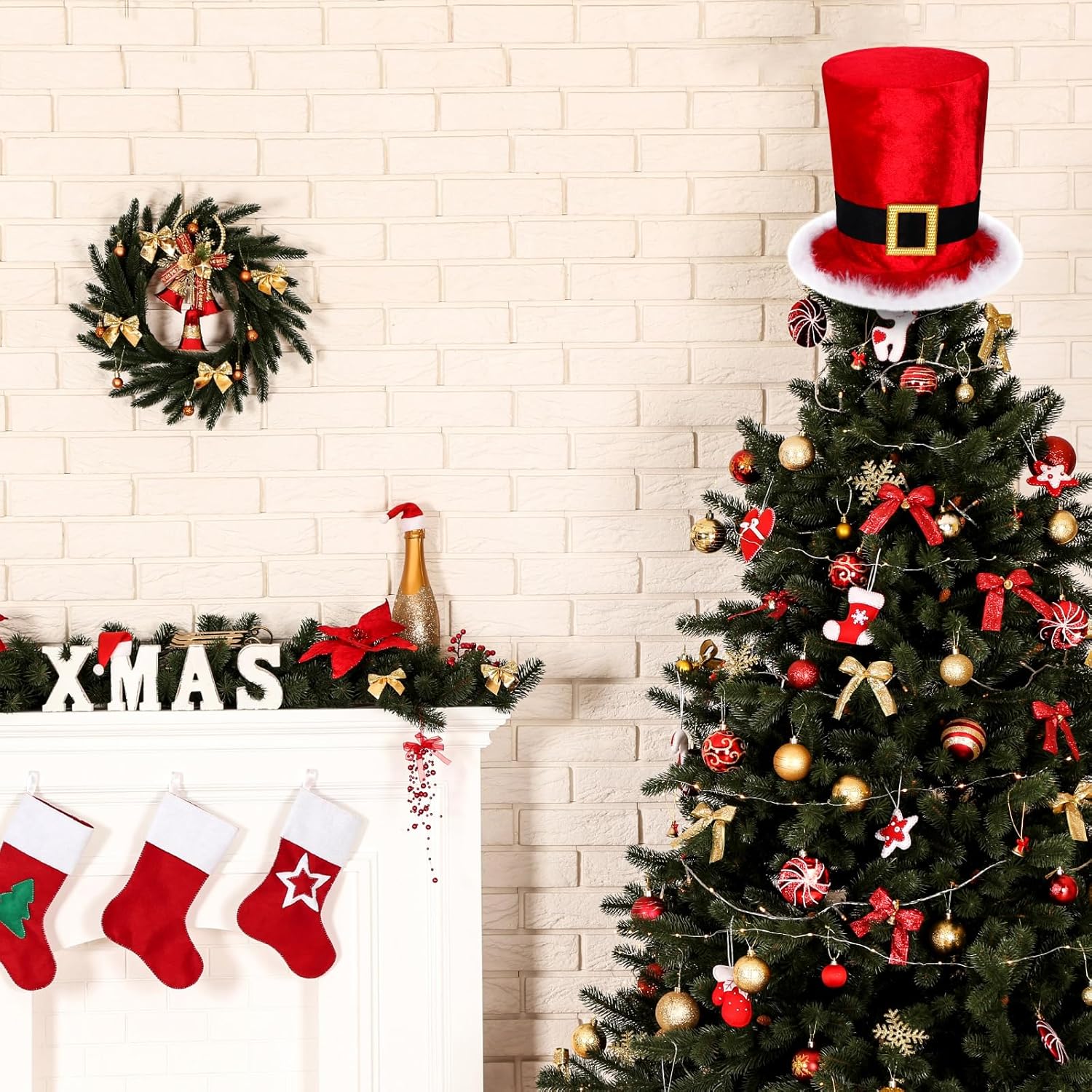 8 H Christmas Santa Top Hat Tree Topper, Large Red Santa Claus Top Hat with White Fluffy Brim Trees Decorations Tabletop Ornaments for Home Winter Xmas Gift Holiday Decor