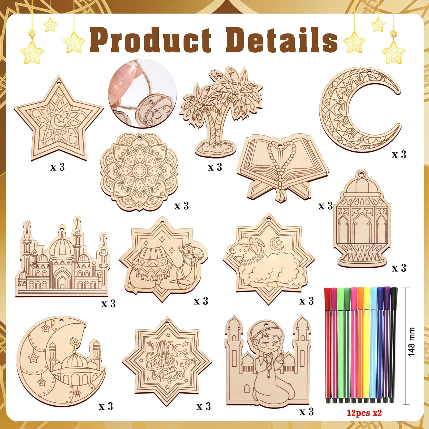 HOWAF 36pcs Ramadan Crafts for Kids Ramadan Coloring Ornaments, Eid Mubarak Coloring Wood Ornaments, Color Your Own Islamic Moon Ornament for Eid Holiday Activity School DIY Drawing Project Supplies - Image 3
