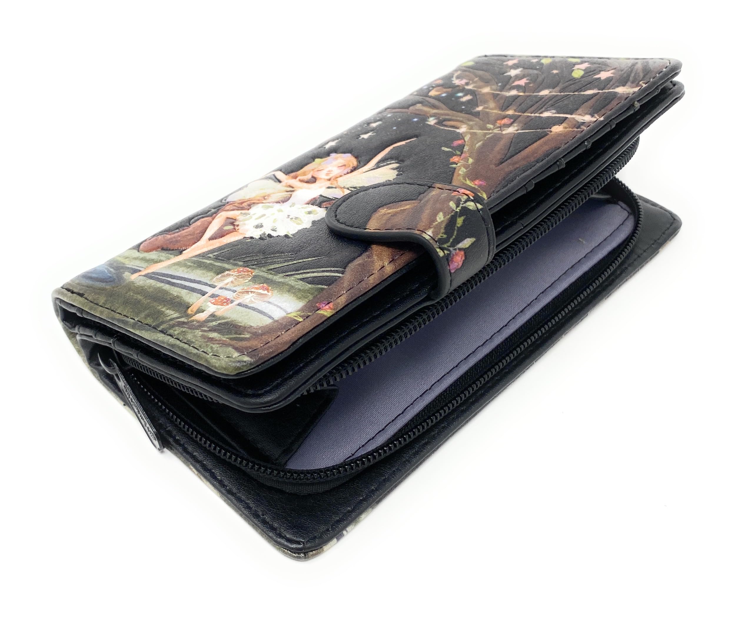 Shag Wear Fairy Forest Große Damengeldbörse, veganes Kunstleder Bifold mit Kartenfächern, Geldscheinfächern und sicherem Schnappverschluss in Schwarz 17,8 cm