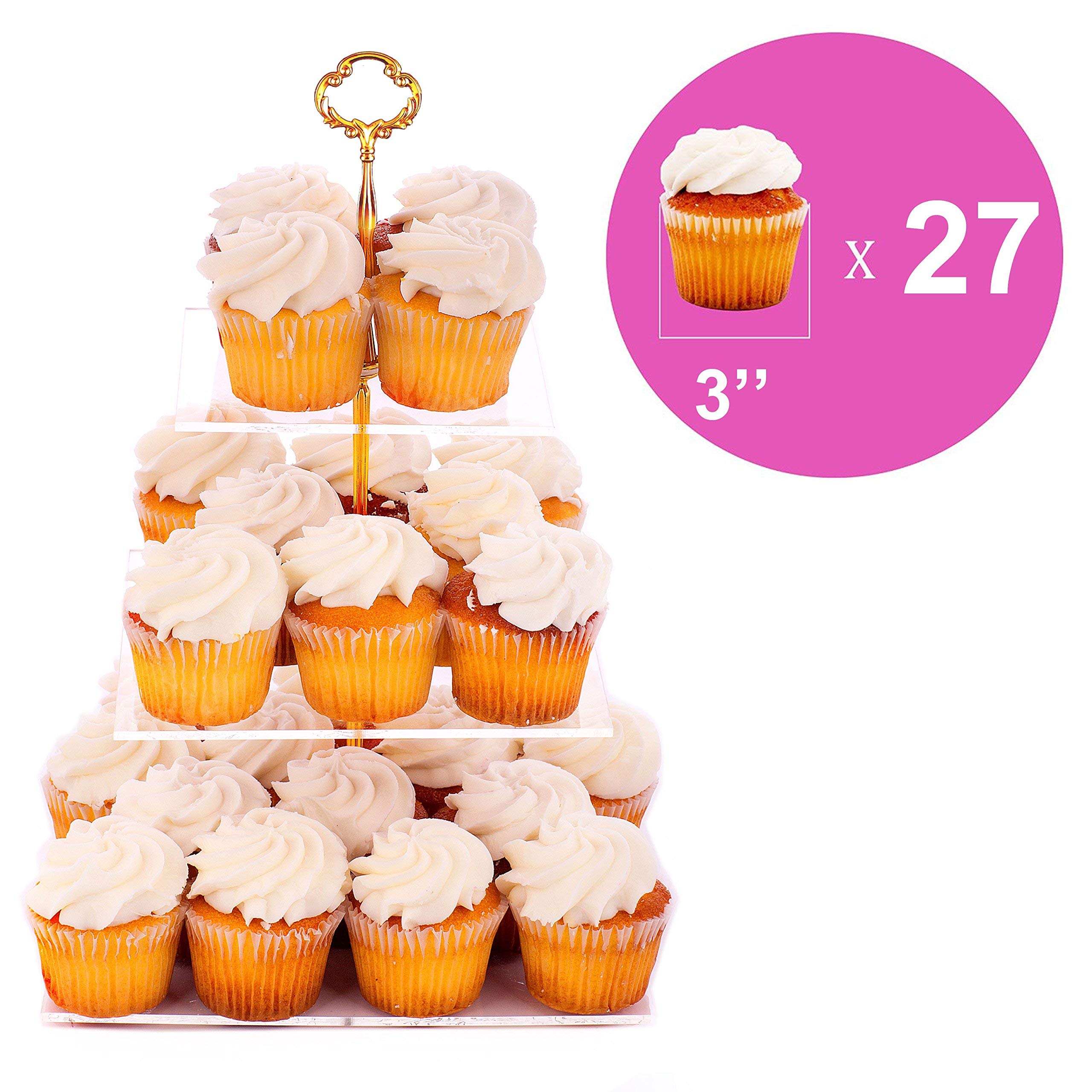 Jusalpha 3 Tier Strong Acrylic Square Cupcake Stand, Dessert Display Tower (Gold Version 2, 1) 3SG-V2 by Jusalpha