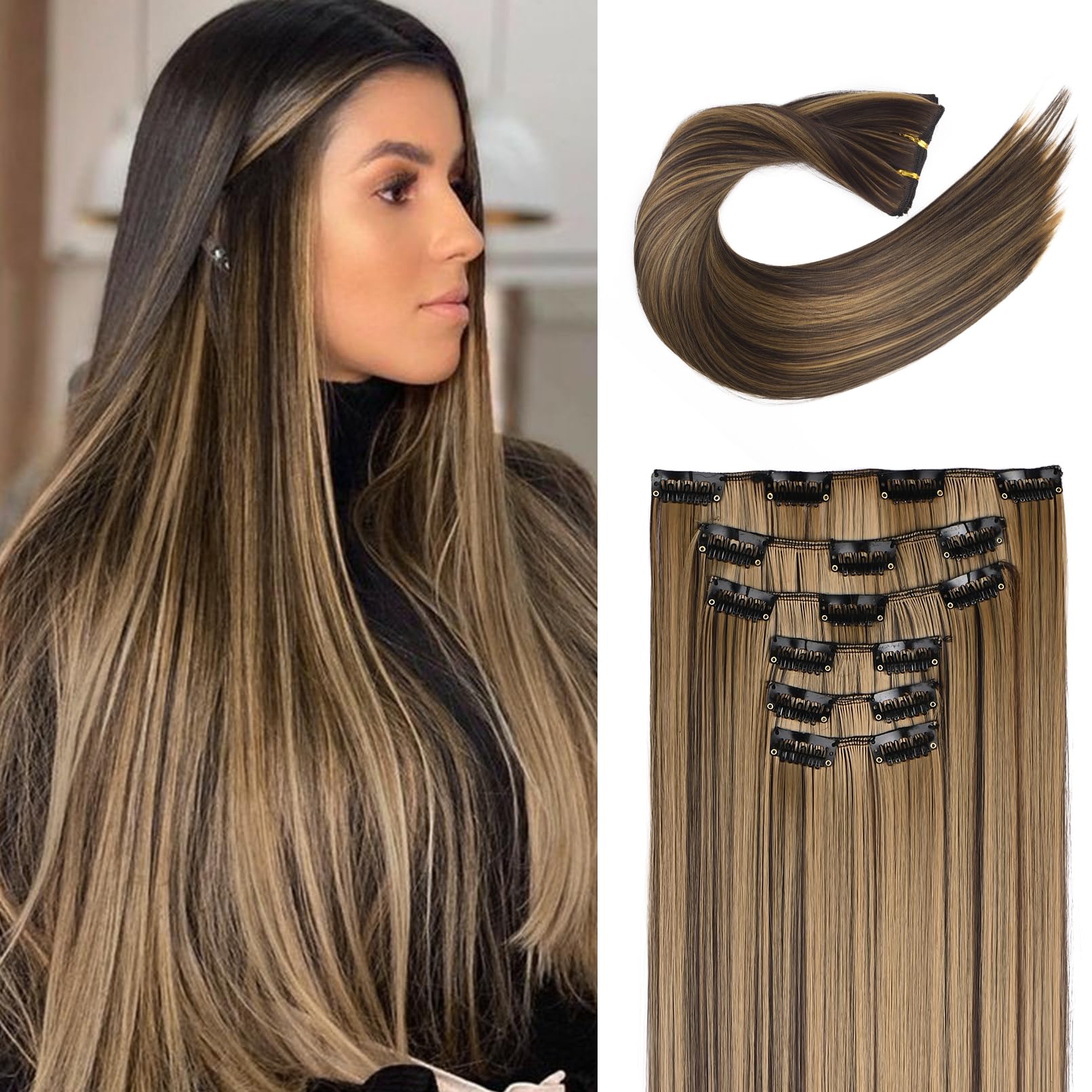 FLUFYMOOZ 6PC Clip in Hair Extensions 24" Straight Long Extensions for Women Synthetic Hairpiece (Chocolate Brown with Blonde Highlights)