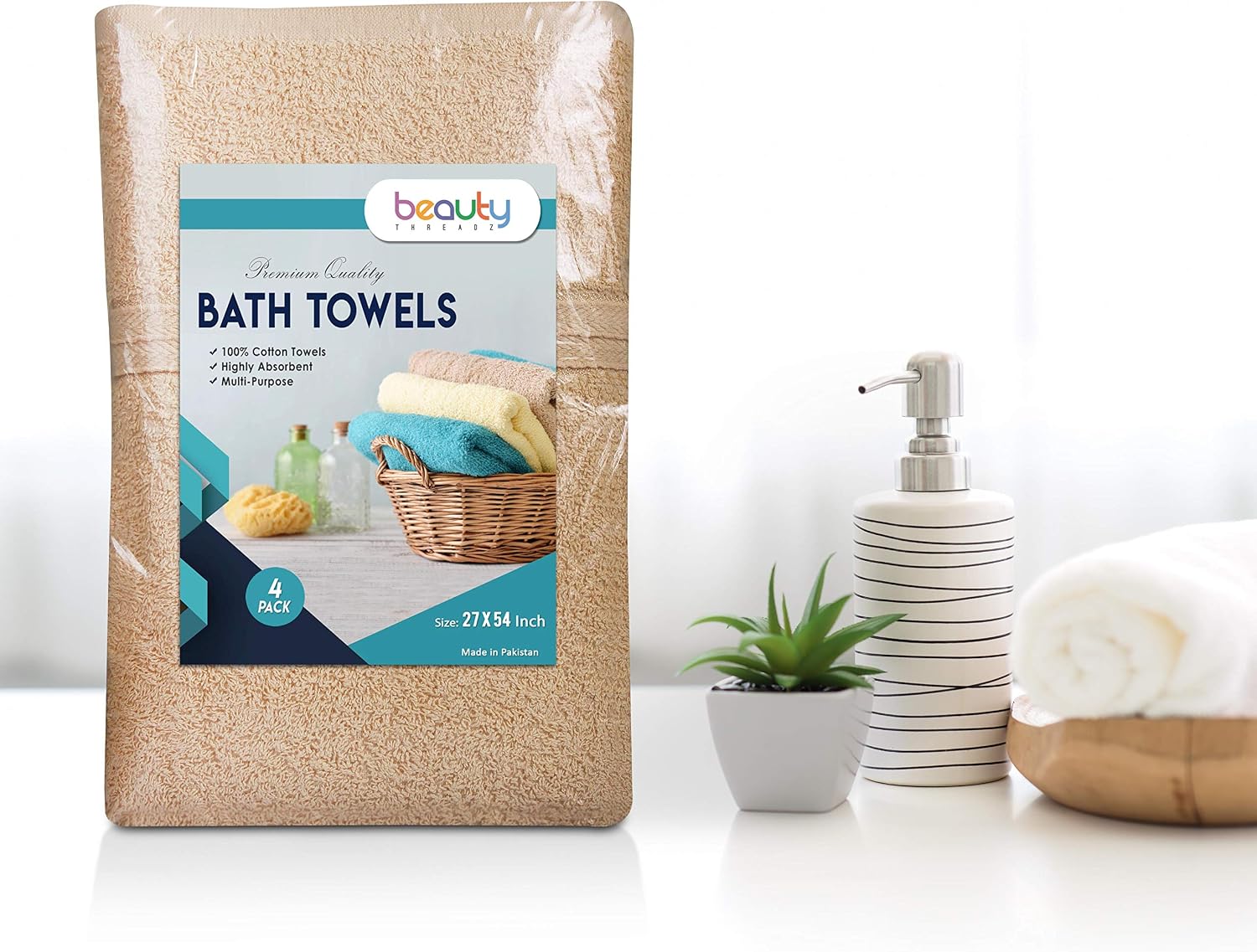 Beauty Threadz - Luxury Hotel & Spa Quality Pack of 4 Bath Towel Set 100% Ring Spun Premium Cotton 27x54 inch Highly Absorbent, Ultra Soft & Fade Resistant 400 GSM Cotton Bath Towels (Beige)