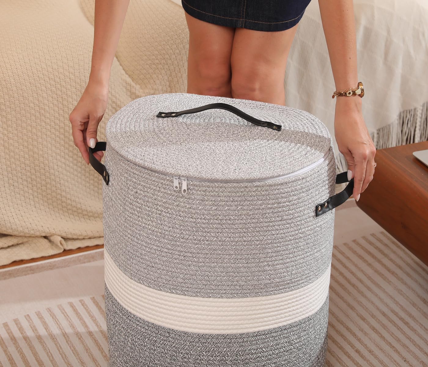 Extra Large Cotton Rope Storage Basket with Lid and Zipper, Versatile Laundry Hamper and Cloth Bin for Clothes, Towels, Blankets, Living Room Organization (Dual Grey, 16"x20")