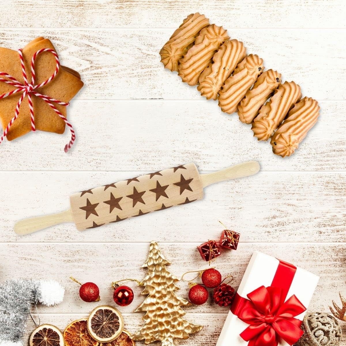 Fackelmann 3154250 Wooden Rolling Pin, Christmas Star Pattern Rolling Pin, Wood, 40 x 6 cm
