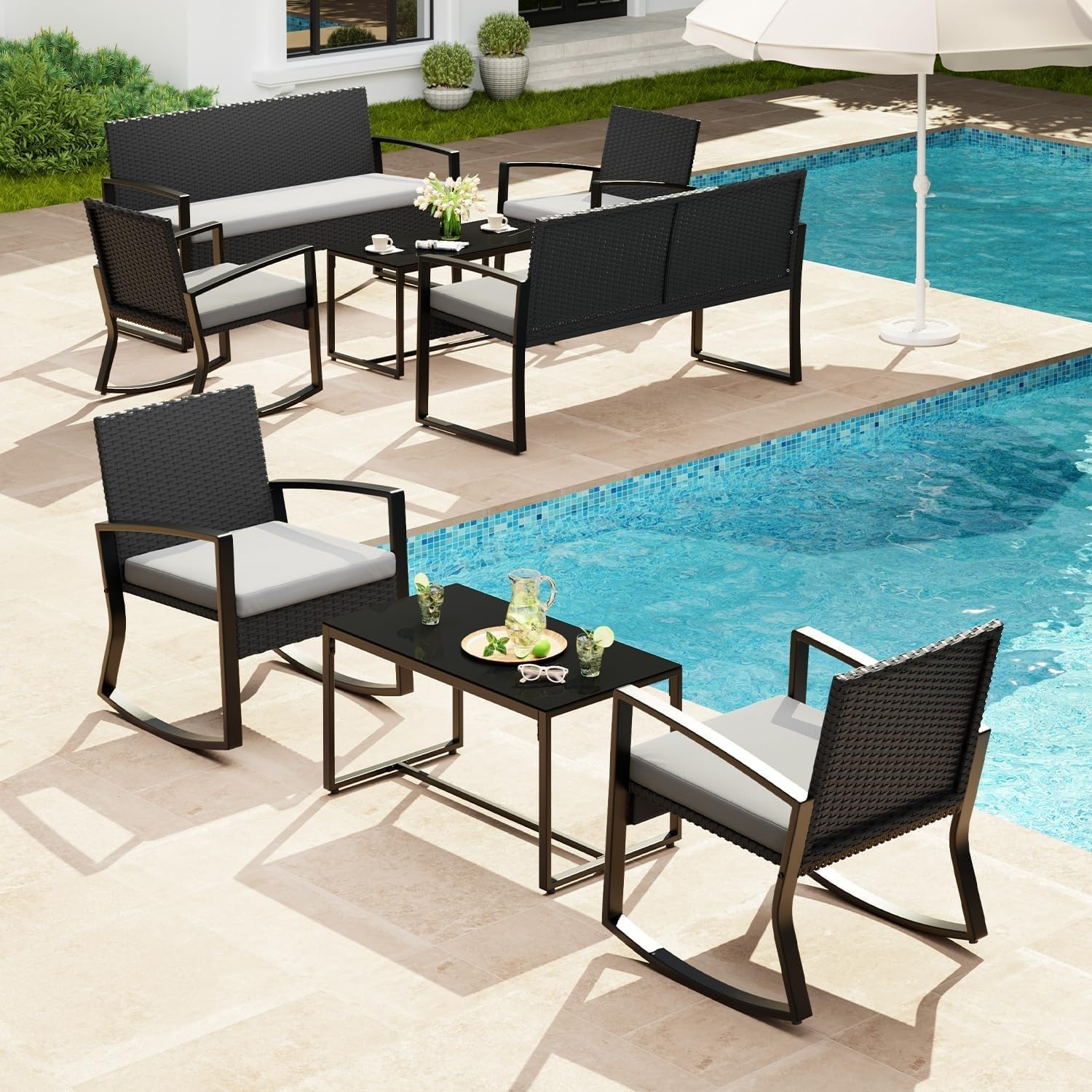 8 Piece Outdoor Patio Furniture Set Wicker Patio Furniture with Glass Coffee Table Modern Rattan Rocking Chairs Conversation Sets for Backyard Porch Balcony Poolside(Black)