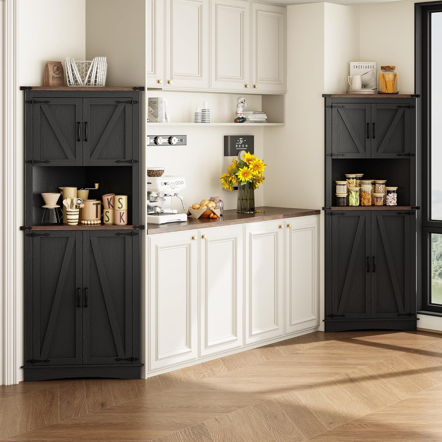 chartustriable 68" Tall Farmhouse Corner Cabinet, 28.3" Corner Storage Cabinet with 4 Doors and Adjustable Shelves, Tall Barn Door Cabinets with 5 Storage Shelves, for Kitchen, Bathroom, Black