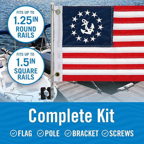 Anchor Boat Flag Pole Kit, 12 x 18 US Yacht Ensign, Double-Sided | Marine Grade, Pontoon, Sailboat, or Ski Rail Mount Holder