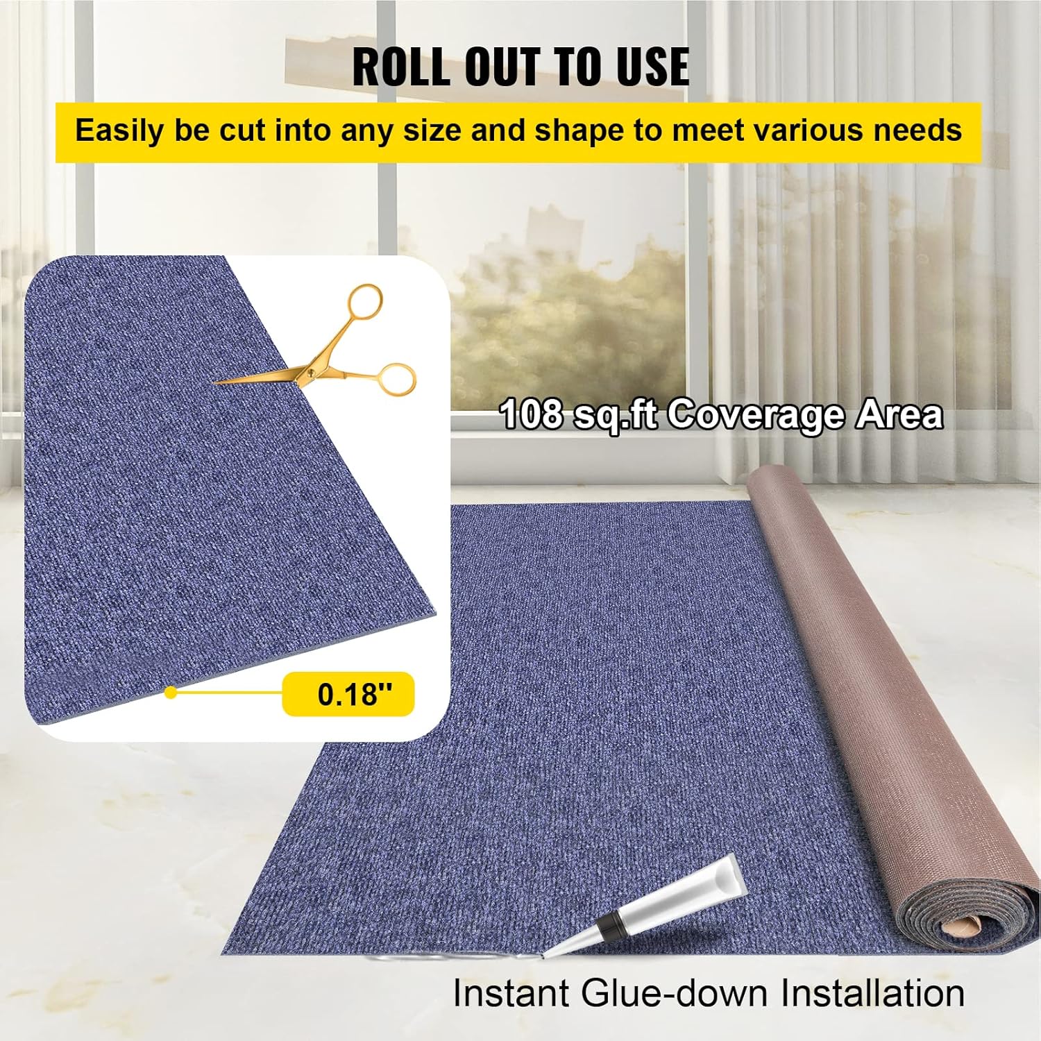Happybuy 6 ft x 18 ft Deep Blue Marine Carpet for Boats Waterproof - 0.18" Thick Indoor Outdoor Rug Carpet Roll for Home Patio Porch Deck