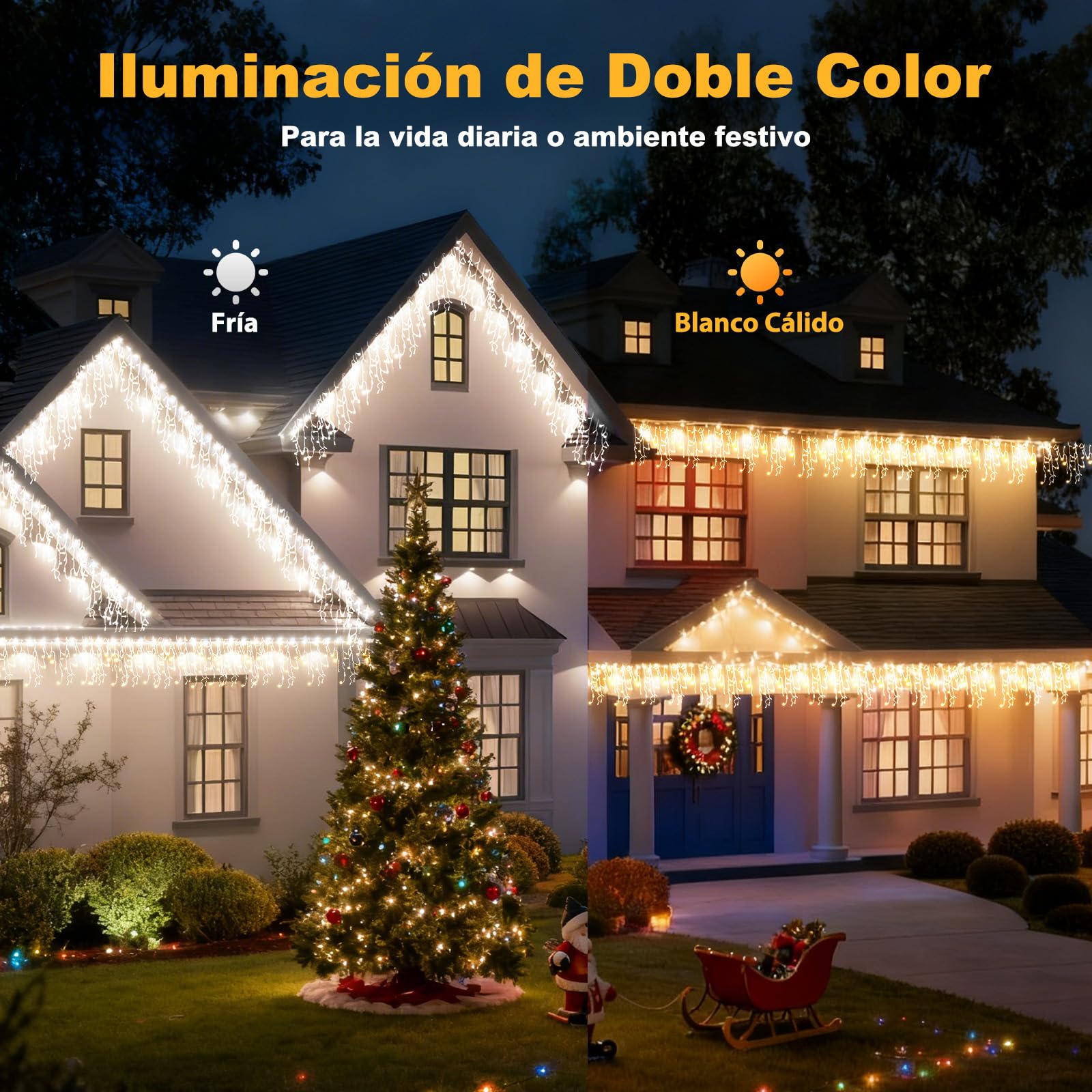 Luces Navidad Exterior, Cortina Luces Exterior Blanco Cálido y Fría, Luz Navidad con Control Remoto y APP, 17 Modos+4 Brillos+Temporizador, Decoracion para Christmas (30M-1200L,C/F)