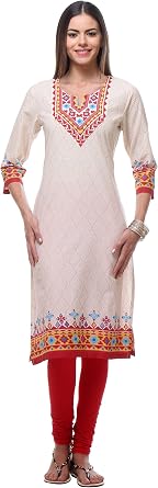 in-Sattva Womens Diamond Patterned Kurta Tunic with Printed Yoke; Off-White; sm