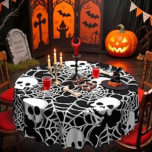 Halloween Gothic Skull Tablecloth 60 Inches, Horror Skeleton Table Cover Decorative Dining, Scary Round Halloween Tablecover Picnic Party Decoration