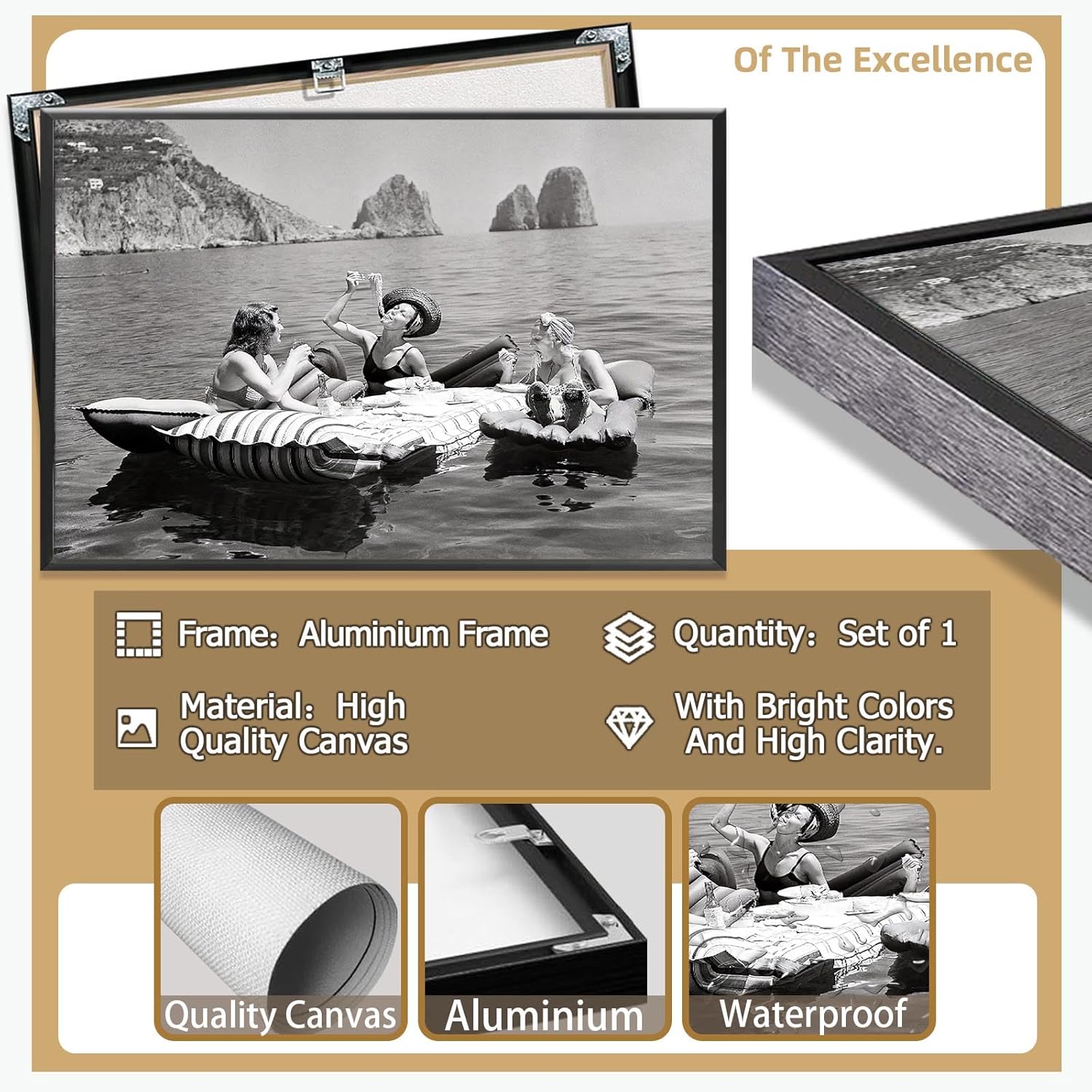 Dcvjiy Eating Spaghetti On The Water Vintage Poster Trendy Italian Capri Island Canvas Wall Art Funky Champagne Bar Cart Prints Painting For Living Room And Bedroom Party Wall Decor 16x24in Framed