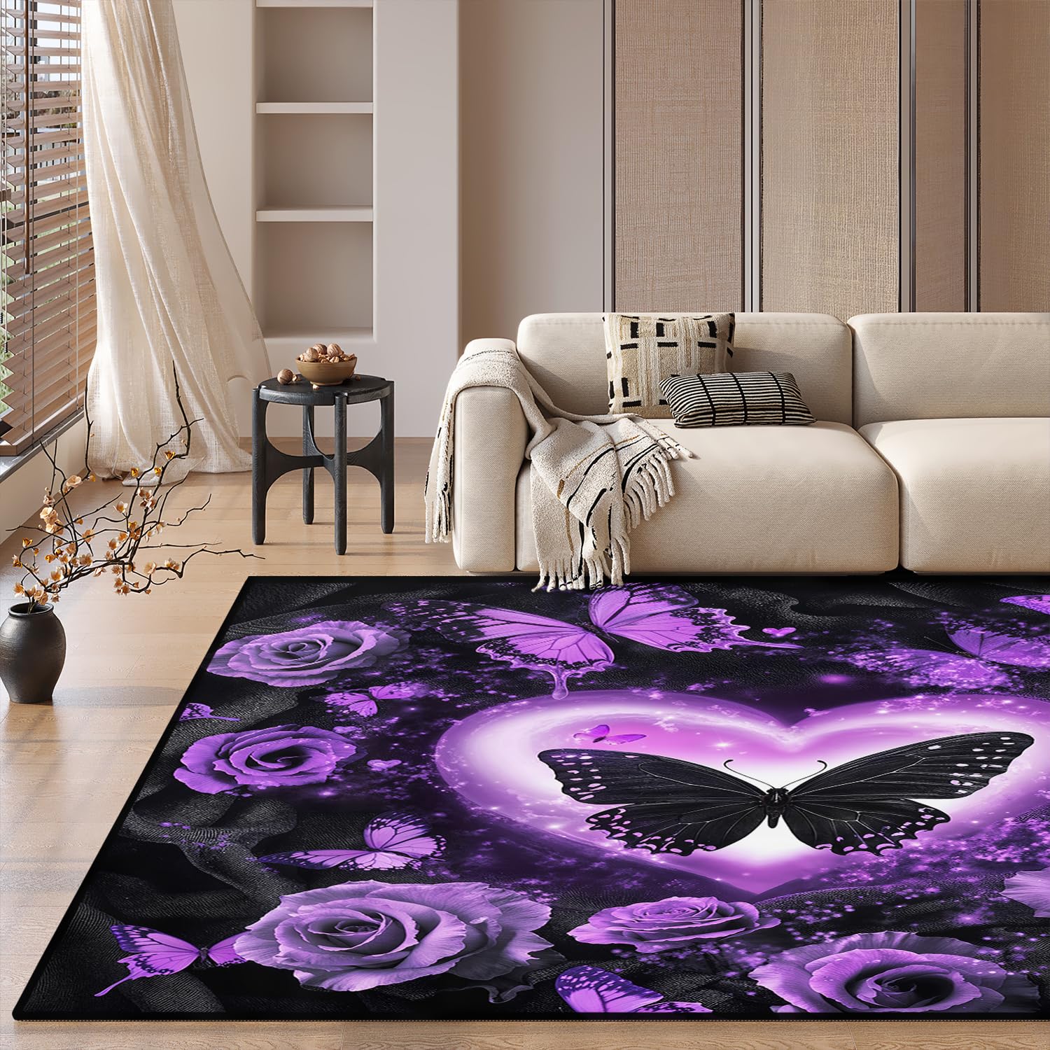HOSIMA Weiche Bodenmatte, Lila Schmetterlingsdruck Schlafzimmer, rutschfeste, flauschige, waschbar