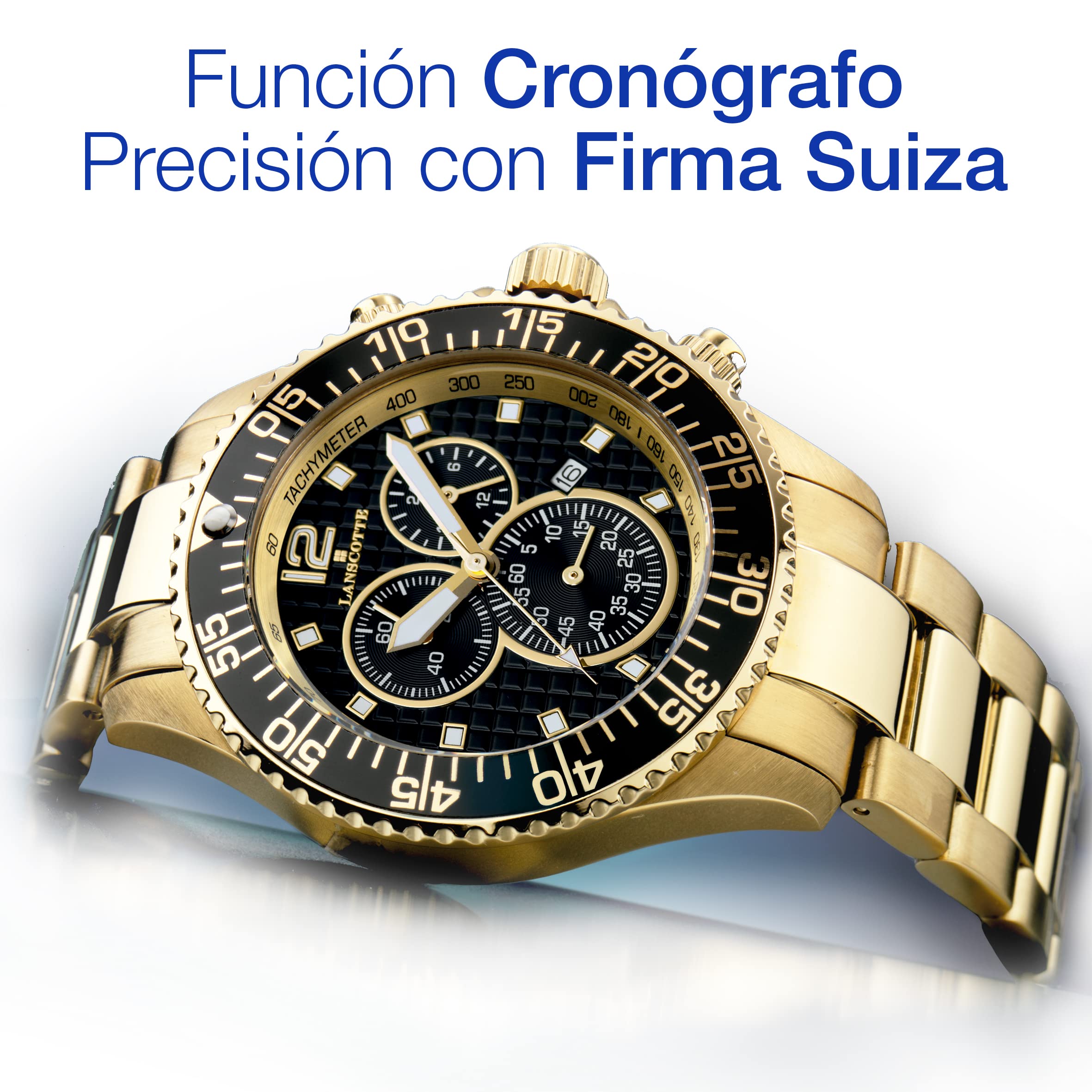 Lanscotte Icon – Reloj Cronógrafo de Hombre 42 mm – Acero Quirúrgico Antialérgico Acabado en Oro 1ª Ley IPG · Bisel Black Enamel · Cristal Tipo Zafiro · Taquímetro · 10 ATM