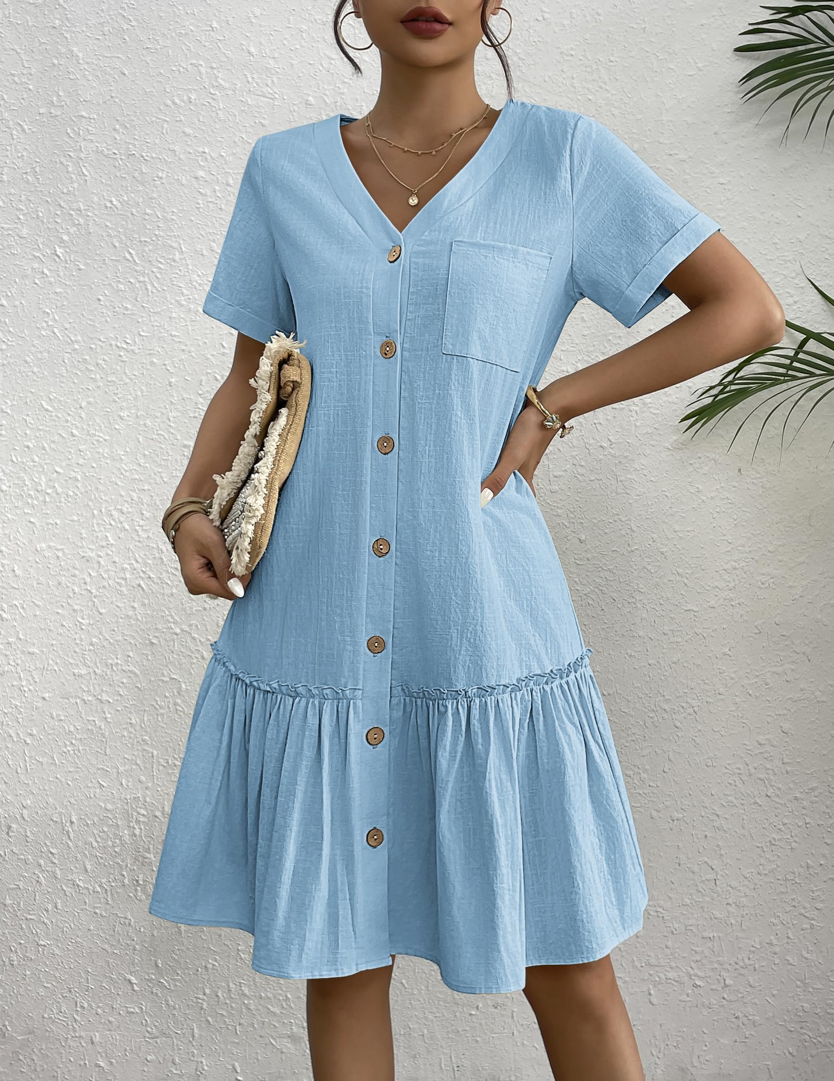 Generisch Vestito estivo da donna, in lino, con bottoni, con scollo a V, maniche corte, linea ad A, mini abito a tunica con volant, leggero abito da spiaggia per uso quotidiano casual