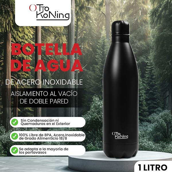 Botella Agua Acero Inoxidable 1 Litro-Otto Koning- Botella Térmica con Doble Aislamiento al vacío para 12 Horas de Bebida Caliente y 24 Horas de Bebida Fría. Termo a Prueba de Fugas sin BPA - 2