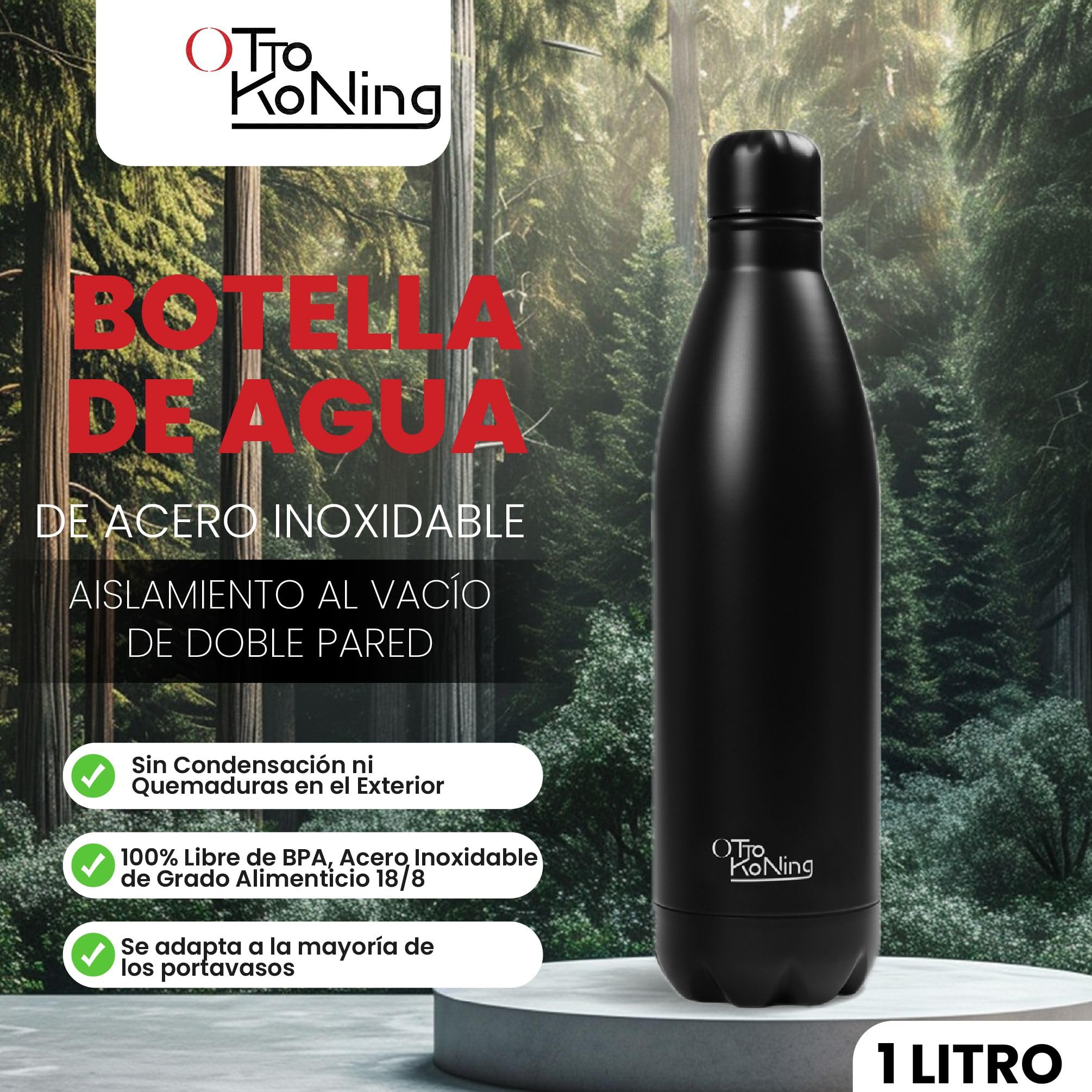 Botella Agua Acero Inoxidable 1 Litro-Otto Koning- Botella Térmica con Doble Aislamiento al vacío para 12 Horas de Bebida Caliente y 24 Horas de Bebida Fría. Termo a Prueba de Fugas sin BPA — view 2
