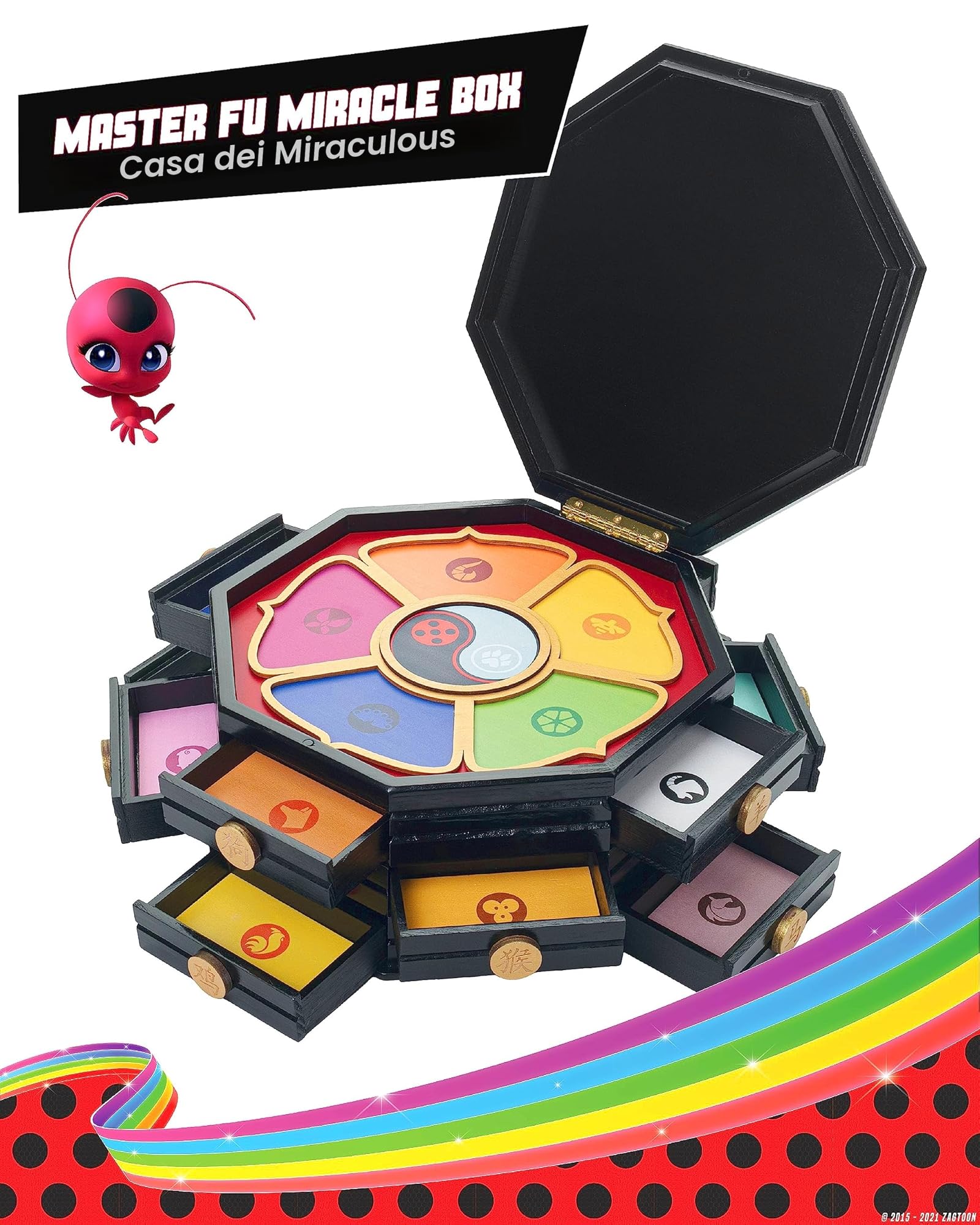 corimori - Cofanetto in legno di “Miraculous - Le storie di Ladybug e Chat Noir”, prodotto con licenza ufficiale, Miracle Box del maestro Fu, 26 cm