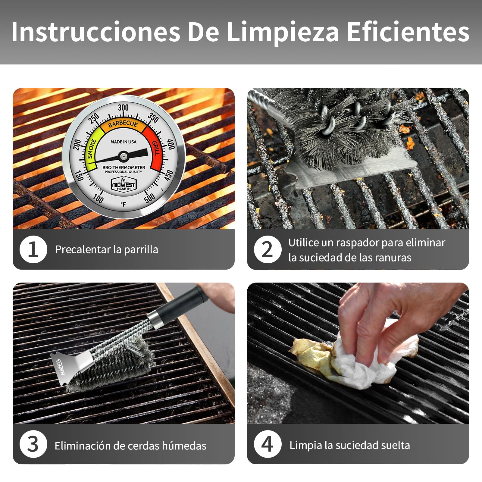 AUXHCYL Cepillo Barbacoa Inoxidable, 3-in-1 Cepillo para Parrilla con Raspador, 45.5cm Largo PP Aislamiento Térmico Mango Cepillo Barbacoa de Limpieza para Parrilla de Gas y Parrilla de Carbón