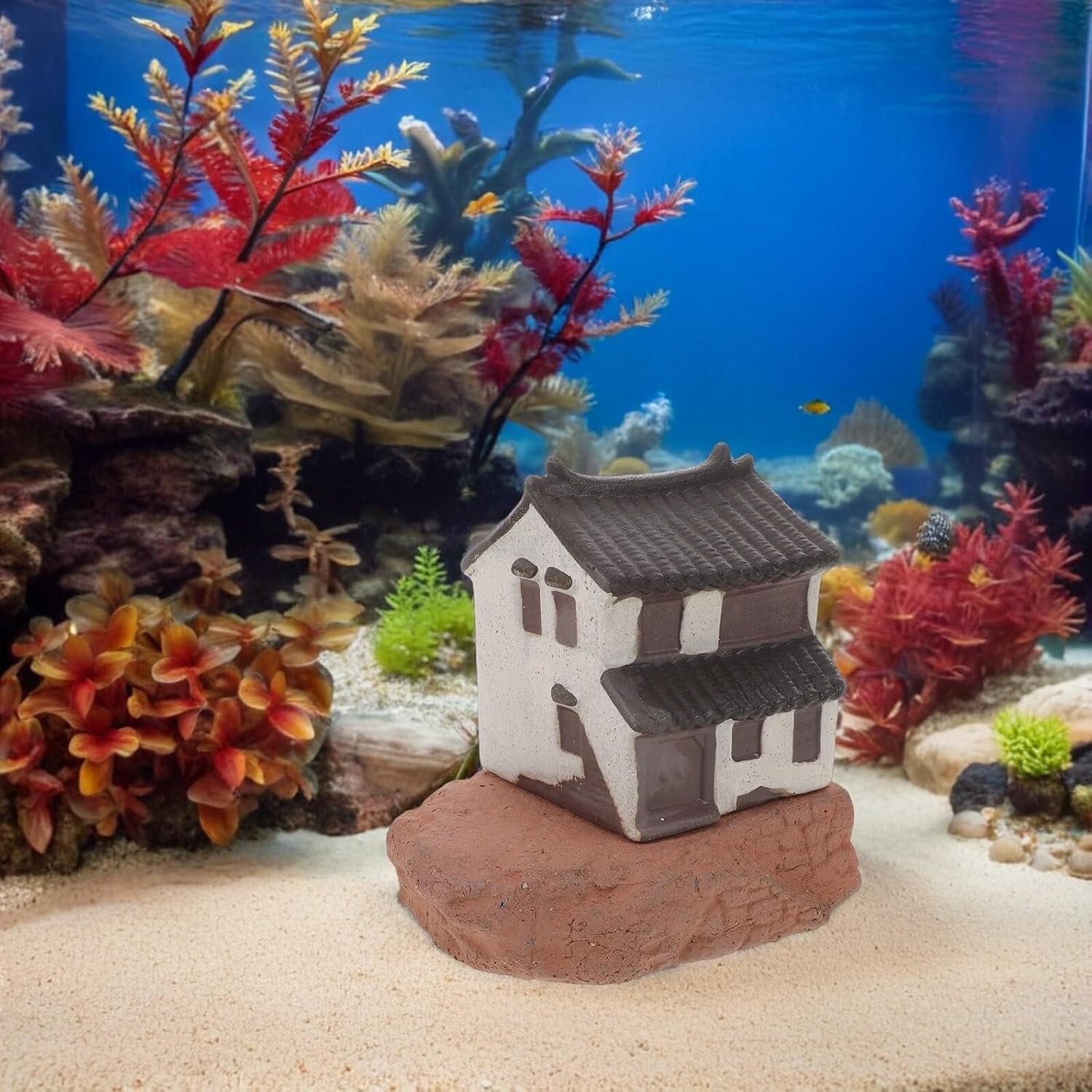 Toyvian Miniature Aquarium House and Vintage Chinese Architectural Model Micro Landscape Garden Decor with Water-Absorbing Stone for Fish Tank Bonsai Office Desktop Ornament