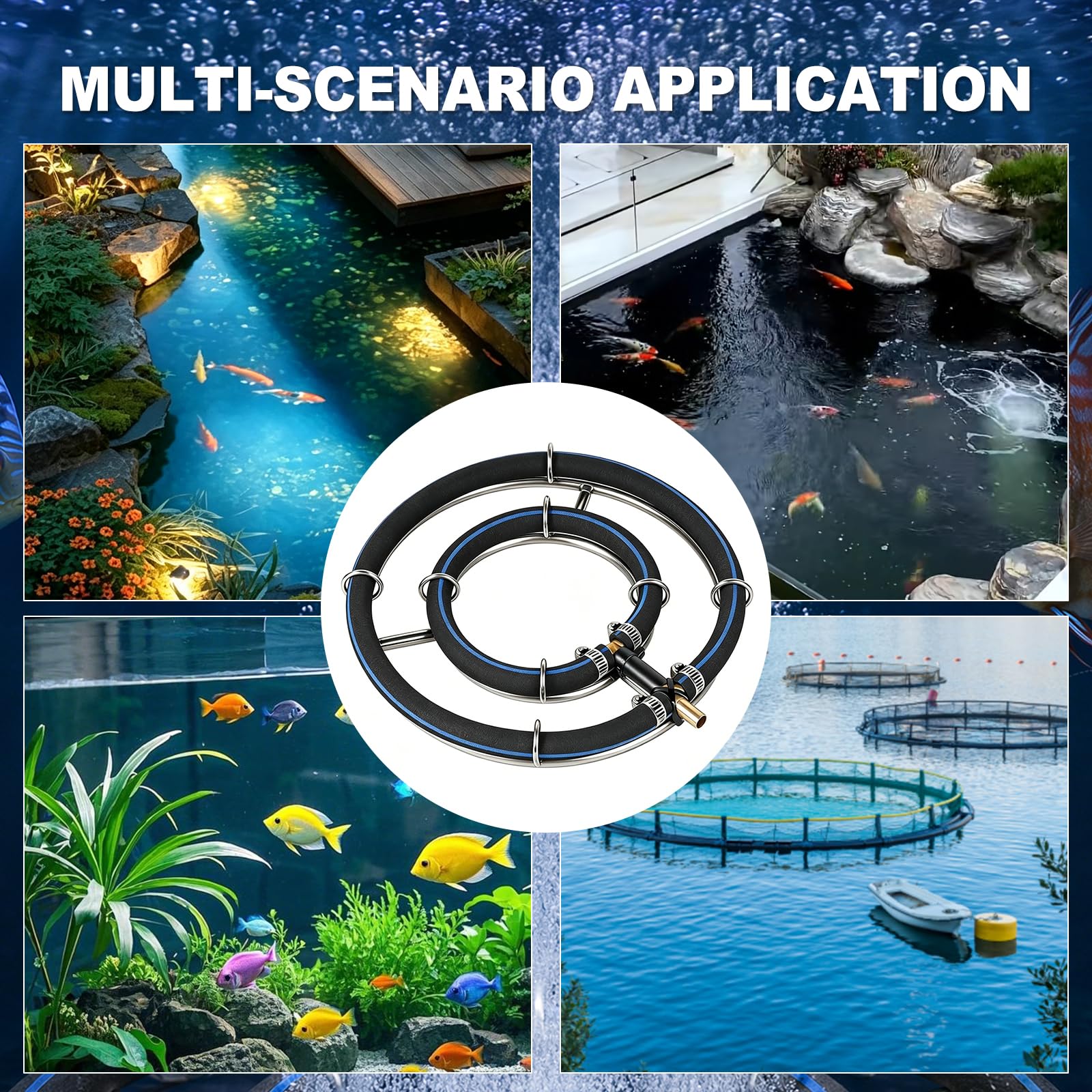 Teich Belüfterring Ø 25cm Edelstahl 304 rostfrei, Teichbelüfter mit 5m Schlauch, Belüftungsring für Gartenteich, Koiteich und Aquarium, Sauerstoffring Belüftungsset Komplettset für Fischteiche