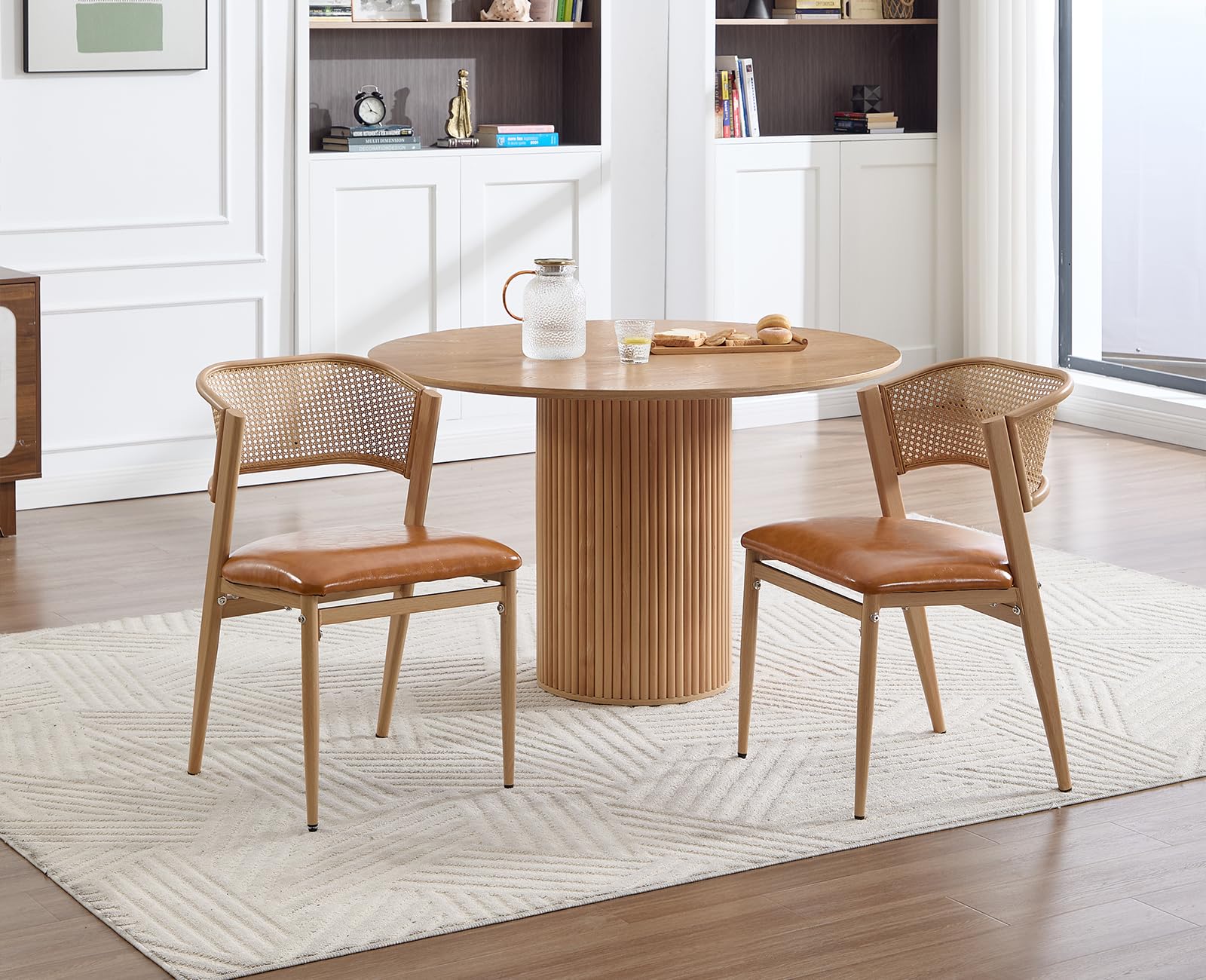 chairus 2PCS Sillas de Comedor de Madera con Respaldo de Ratán, Marrón | Asiento de Cuero PU, Sin Brazo, Estilo Moderno, Para Restaurante