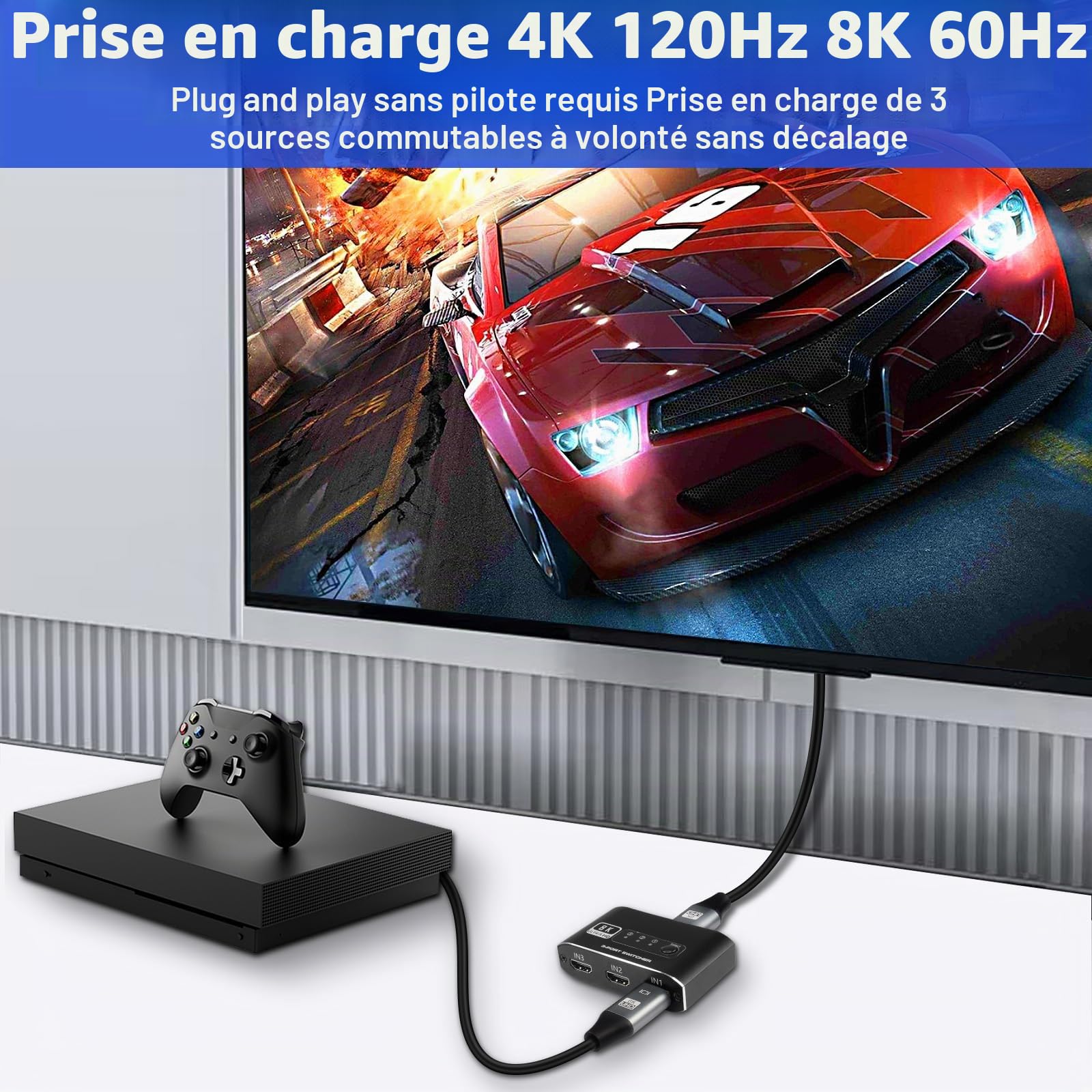 XMSJSIY Commutateur HDMI 3 en 1 Sortie, Sélecteur Répartiteur 2.1 Avec Câble 3 Ports Compatible 4K 120Hz 8K 60Hz 48Gbps pour HDTV, PS5, Xbox DVD, Projecteur