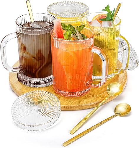 Miniatura 7 de Noamus Paquete de 2 tazas de café con tapa de vidrio, taza de té de rayas verticales clásicas transparentes de 13 onzas, juego de cristalería