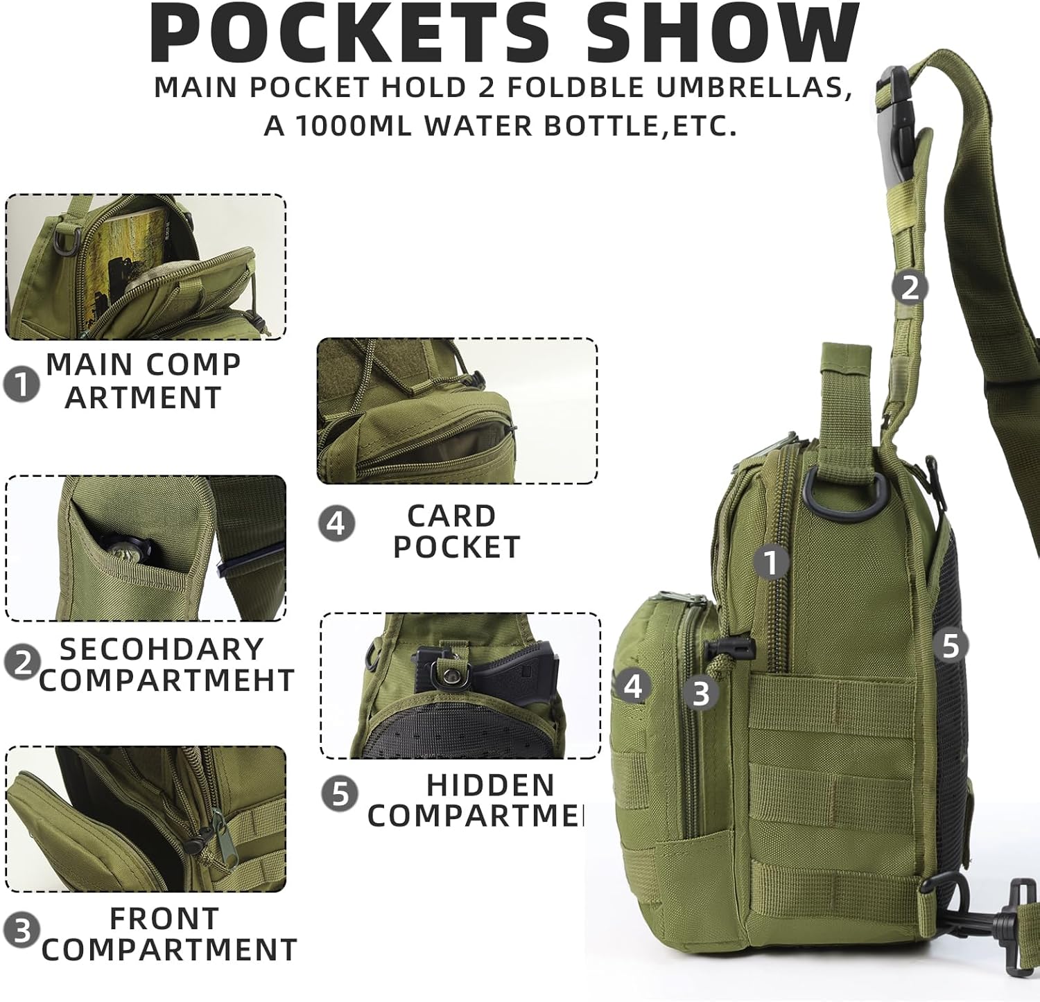 J.SH Tactical Sling Bag 4-in-1 Tactical Backpack Men's Military Crossbody Bag Features Hidden Storage Pockets EDC Backpack for Hiking, Cycling, and Running - Green - Image 4