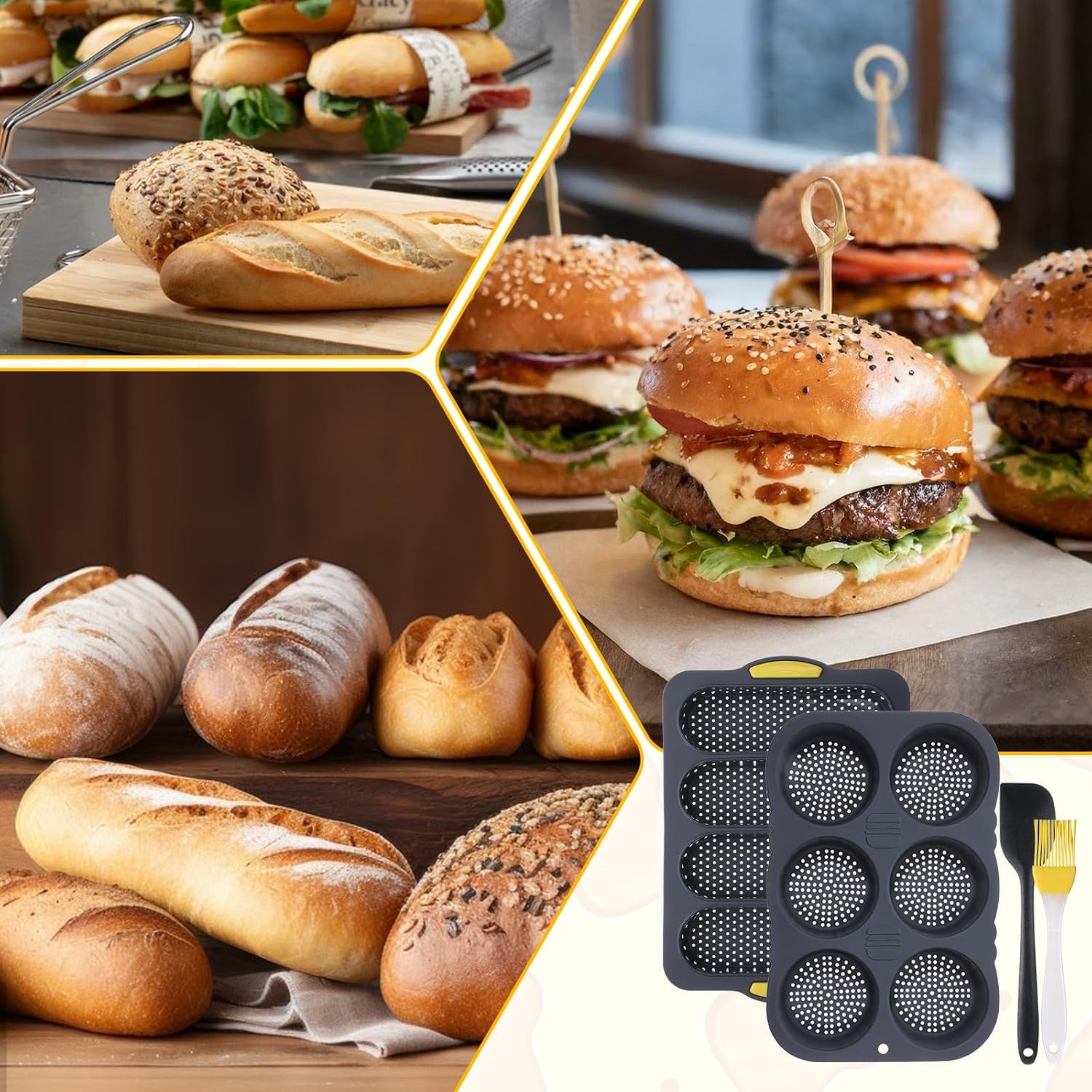 4 Pcs Silicone Hamburger Bun Pan and Hotdog Bun Pan Set, Non-Stick 6-Cup Hamburger Mold & 4-Wave French Bread Baking Tray with Scraper and Brush (Black, 13.78 x 9.05 x 1.57 Inch)