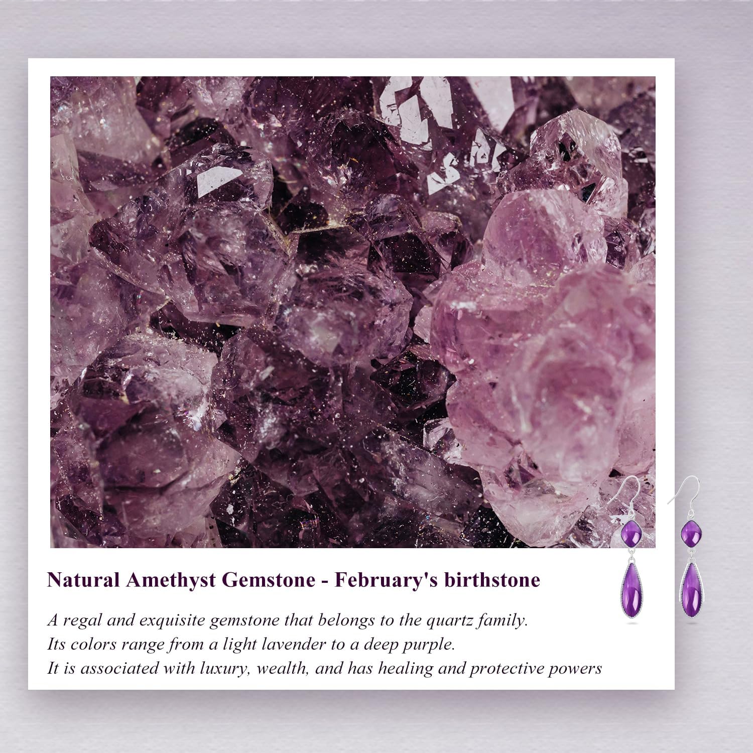 925 Sterling Silver Real Amethyst Dangle Earrings for Women Genuine Purple Crystal Dangling Earring Jewelry with Fish Hook Back Finding