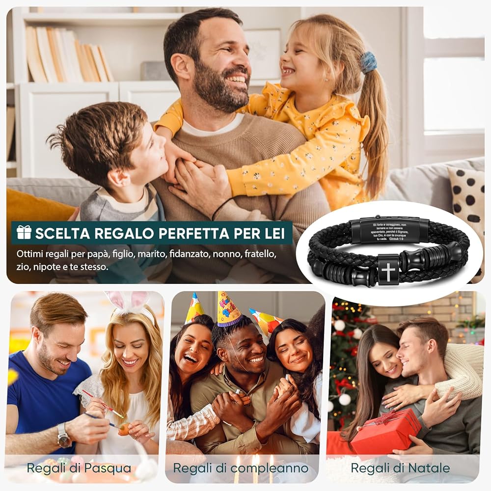 Gamtic Bracciale Croce Versetto Preghiera da Uomo - Religiosi Gioielli Biblico Scrittura Cristiani Cristianesimo Bracciali Nero Cristiano Per gli Uomini Regalo di Pasqua Natale