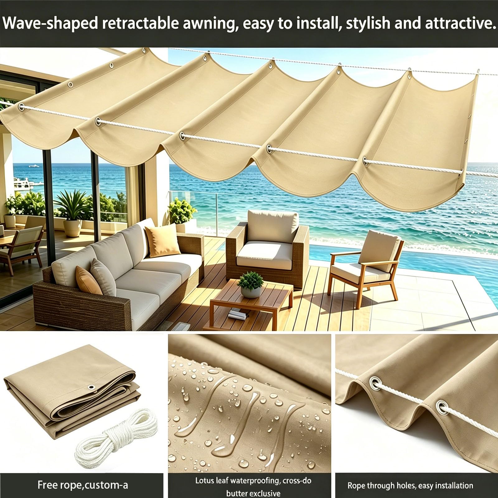Rozwijany żagiel przeciwsłoneczny Wave, regulowana osłona przeciwsłoneczna do pergoli, dostępne rozmiary niestandardowe, do ogrodu i na zewnątrz-Light Khaki||300x650cm