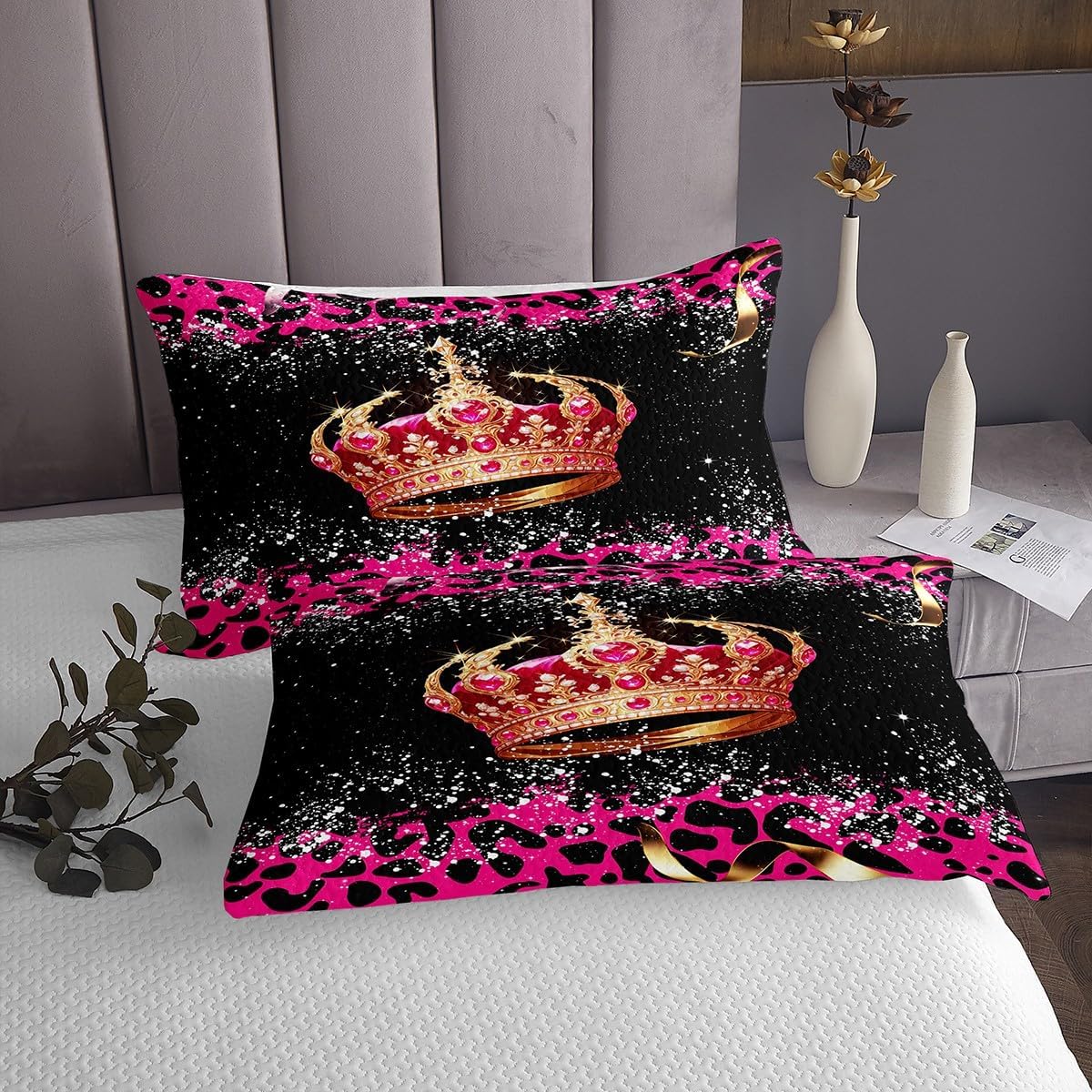 Erosebridal Gold Crown Bedspread Set Pink Diamond Quilt Set Queen,Royal Crown Coverlet Set Leopard Print Quilted,Diadem Princess Room Decor