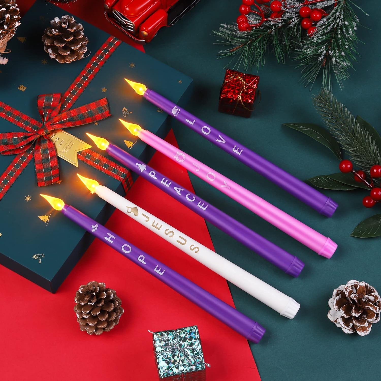 Fovths 5 Pack LED Advent Candles With Words Hope Peace Love Joy Jesus - Flameless Taper Candles for Christmas Wreath Celebration Decor, Pink, Purple, White