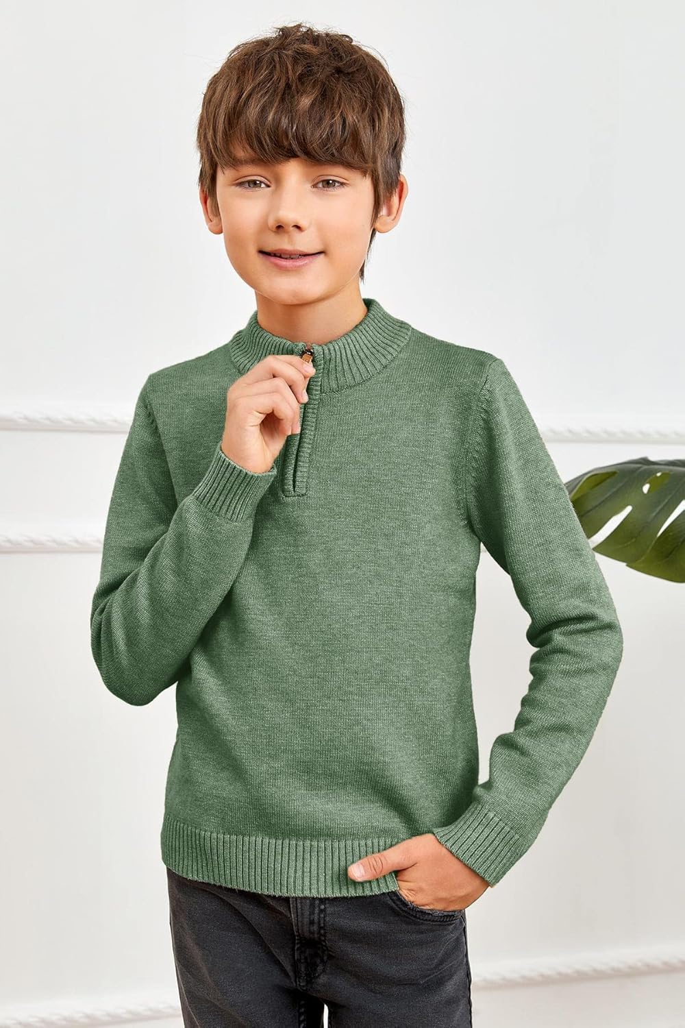GAMISOTE Boys Sweater Quarter Zip Up Chunky Knit Mock Neck Warm Pullver Kids Knitwear - Image 2
