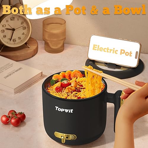 Miniatura 4 de Topwit Olla eléctrica con vapor, olla de ramen de 1.8 L, olla eléctrica portátil para cocinar, cocina multifuncional para carne, huevo, sopa, fideos