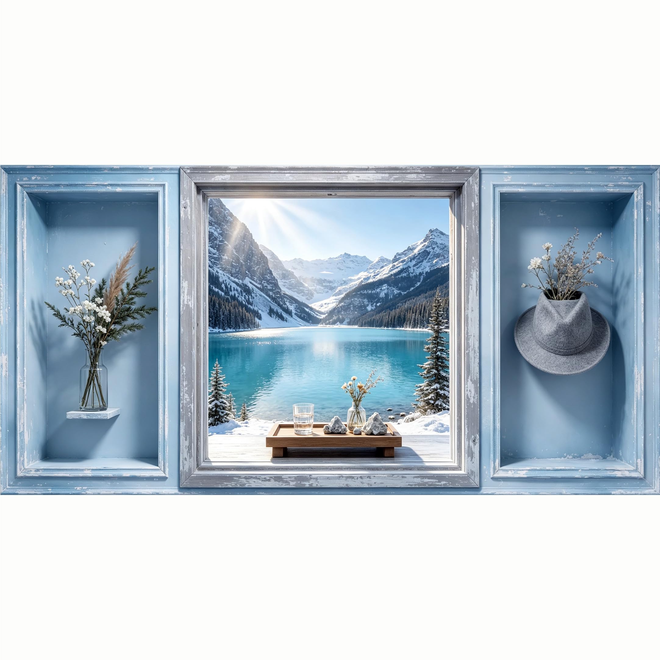 QZLITHOTIC 50x100cm 3D Framed Wall Art， Mountain Lake Landscape Scenery Self‑Adhesive Mural， Water‑Activated Peel & Stick Fabric Decor Wall Decal for Bedroom Living Room