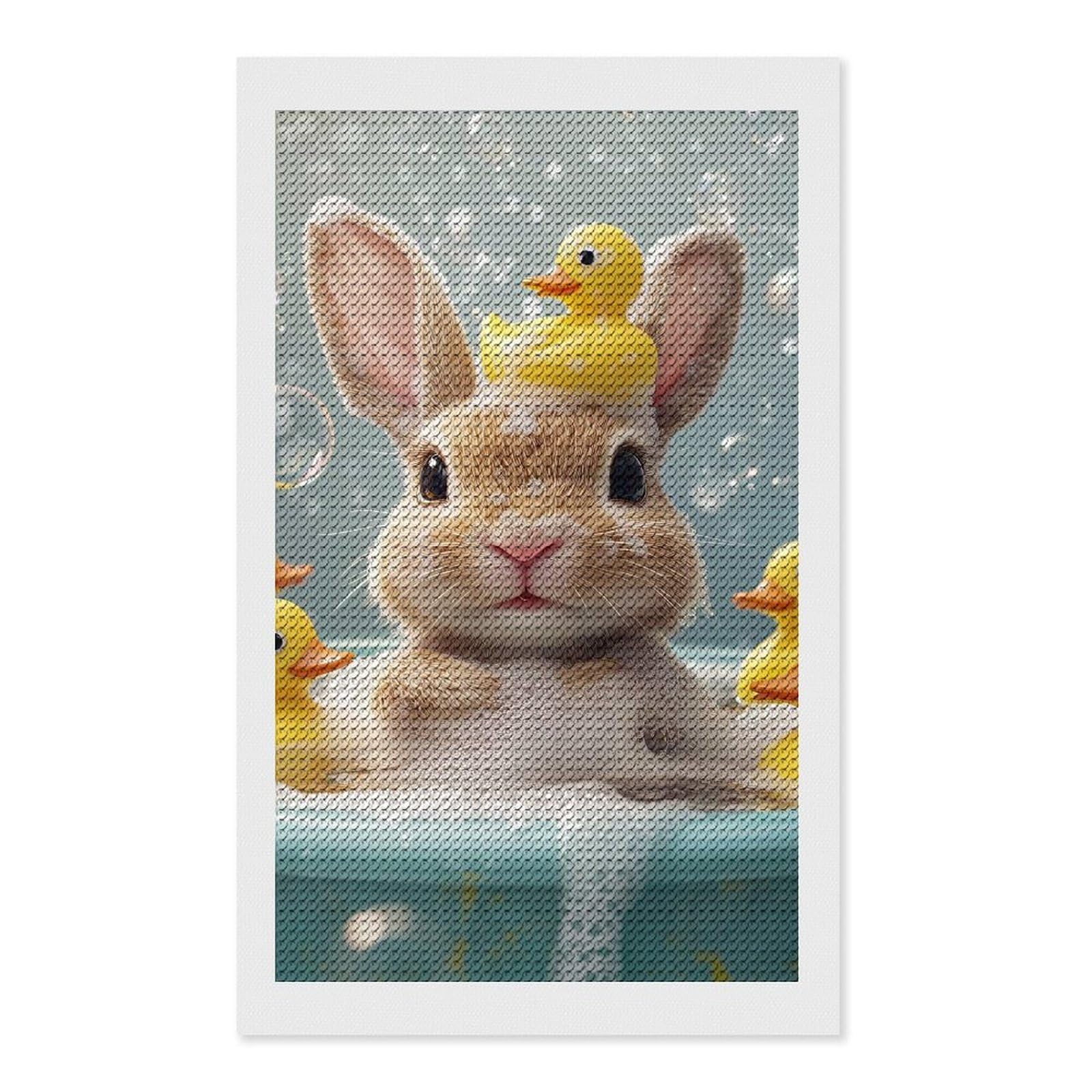 Junmoney Bunny with Rubber Ducks in Bath Diamond Painting Set 12"x20", Modern Decor, for Beginners, Printed Canvas, Thoughtful Handmade Gift, with Tool Kit