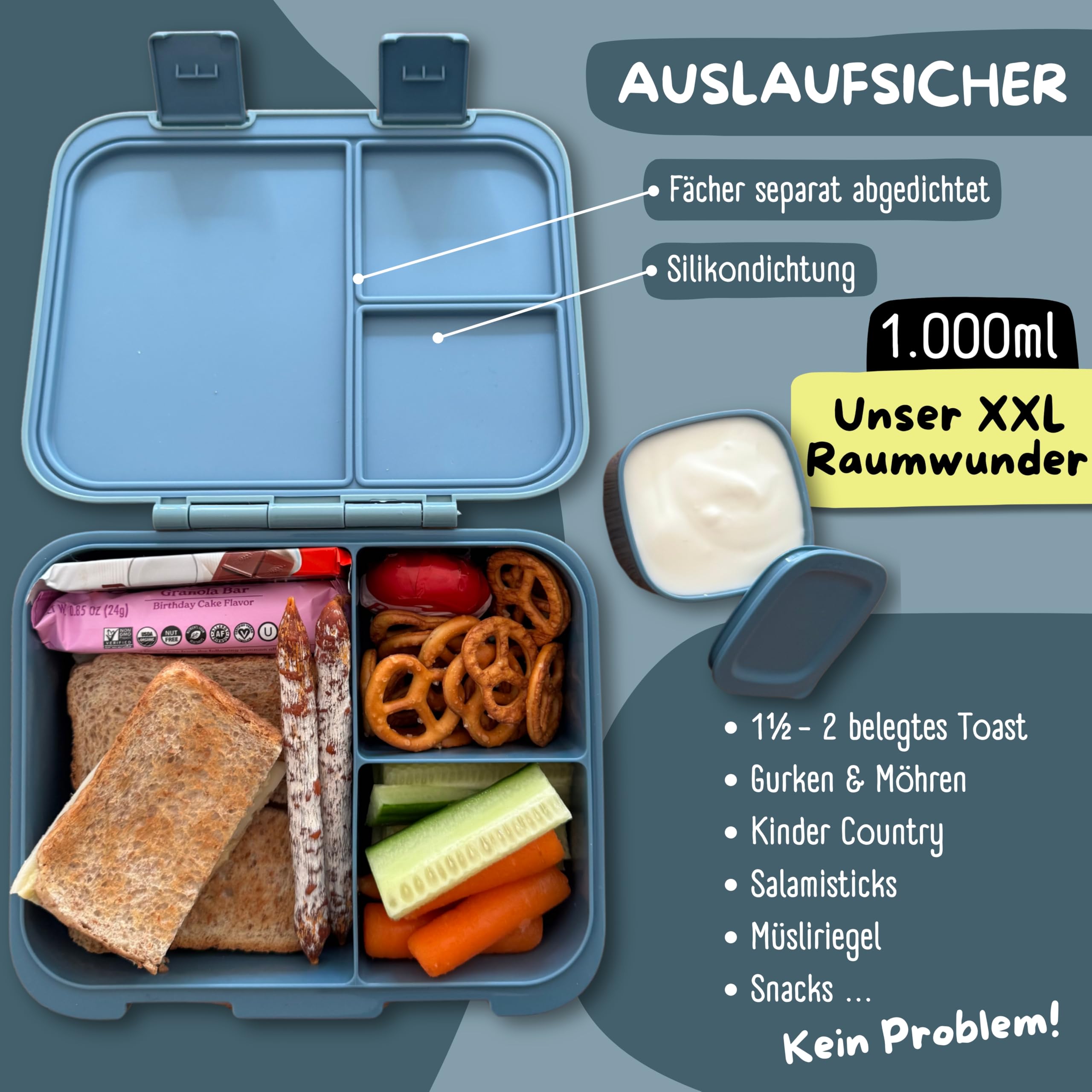 BEARFOOT Bento Box COMPACT pudełko śniadaniowe dla dzieci, bez BPA, do szkoły i przedszkola, szczelne pudełko na lunch dla dziewcząt i chłopców, praktyczne, lekkie i kompaktowe (koparka niebieska