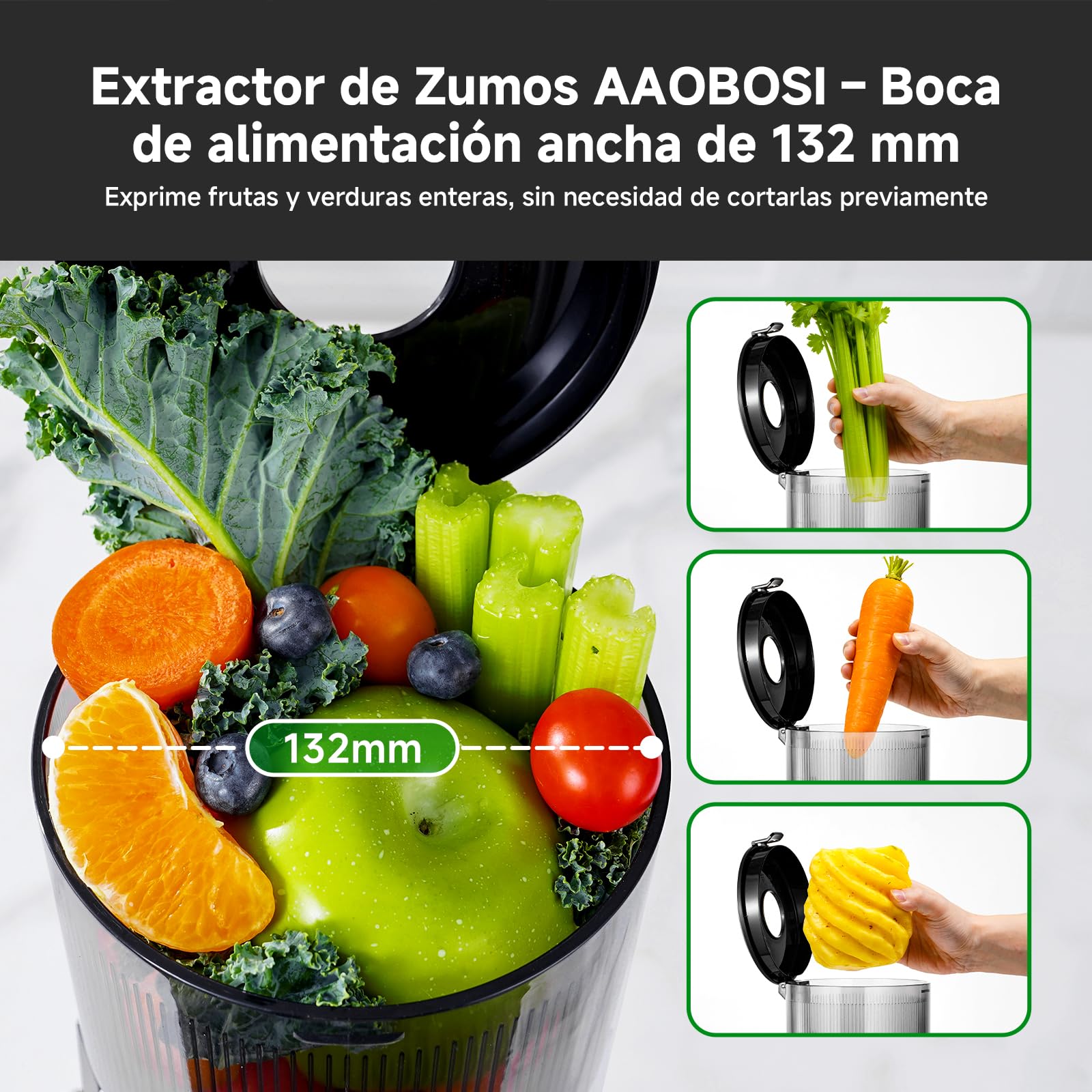 AAOBOSI Exprimidor, 200 W, exprimidor de verduras y frutas, ganador de la prueba con 132 mm gran orificio de llenado sin precorte, exprimidor lento con 700 ml sin bisfenol A recipiente para frutas y