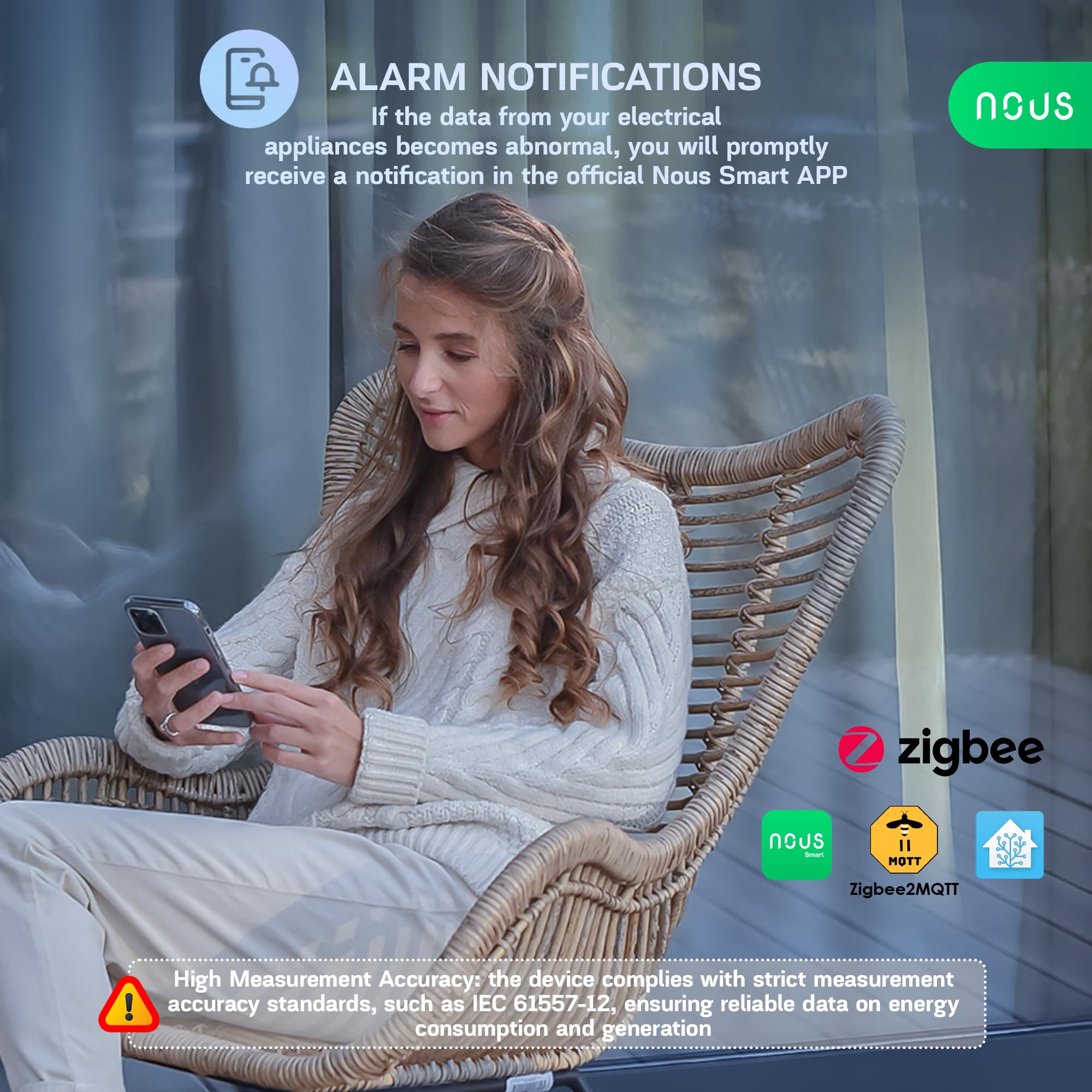 NOUS D4Z Zigbee 120A, Monitoraggio del Consumo in Tempo Reale, Compatibile con Alexa e Google Home, Montaggio su Guida DIN