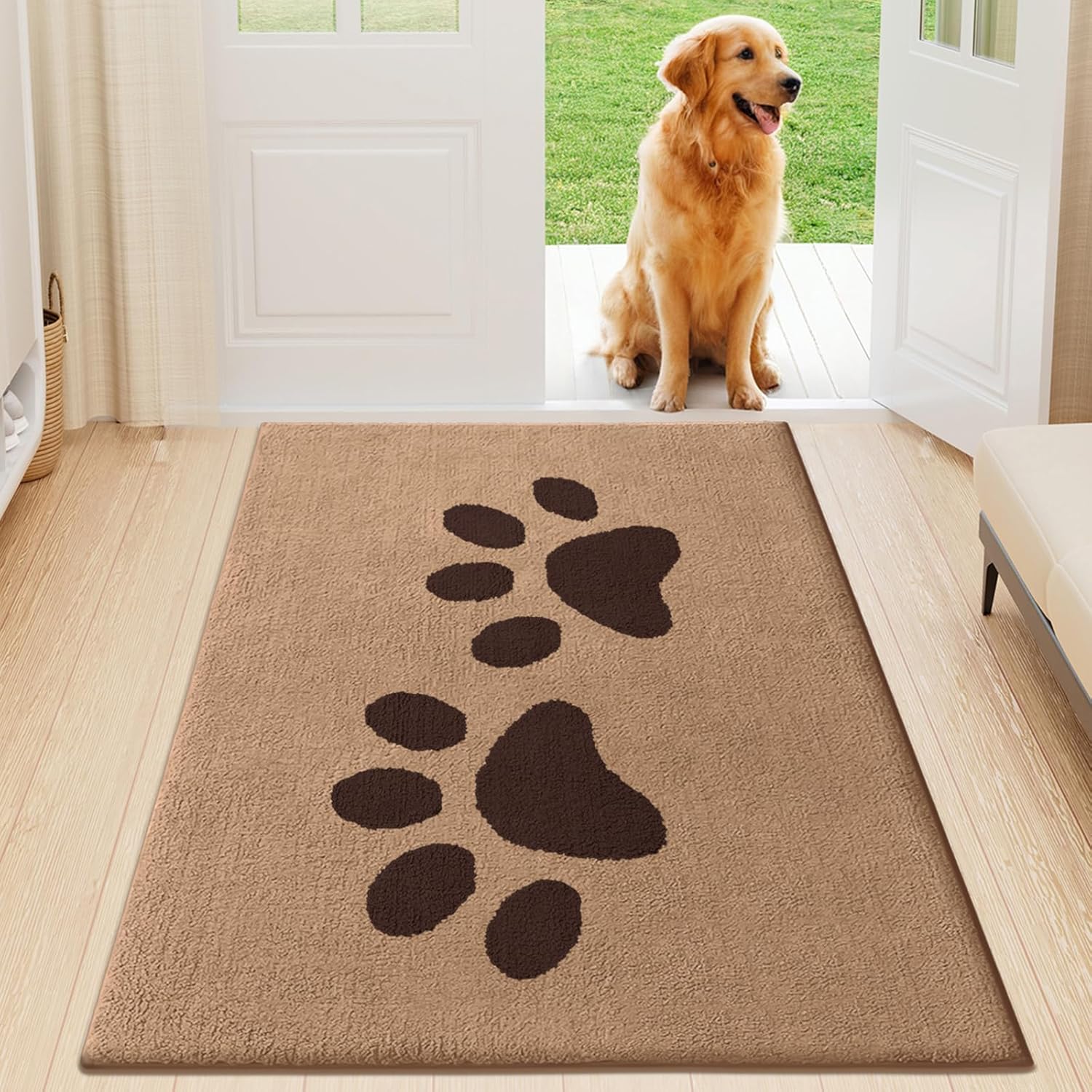 Buganda Dog Door Mat for Muddy Paws, Absorbent Dirt Trapper Washable Indoor Doormats, Non Slip Low-Profile Mud Mat for Dogs, Front Entrance Doormat for Inside Floor (47x24 Inches, Beige) Beige Double Paw 47.0"L x 24.0"W x 0.6"Th