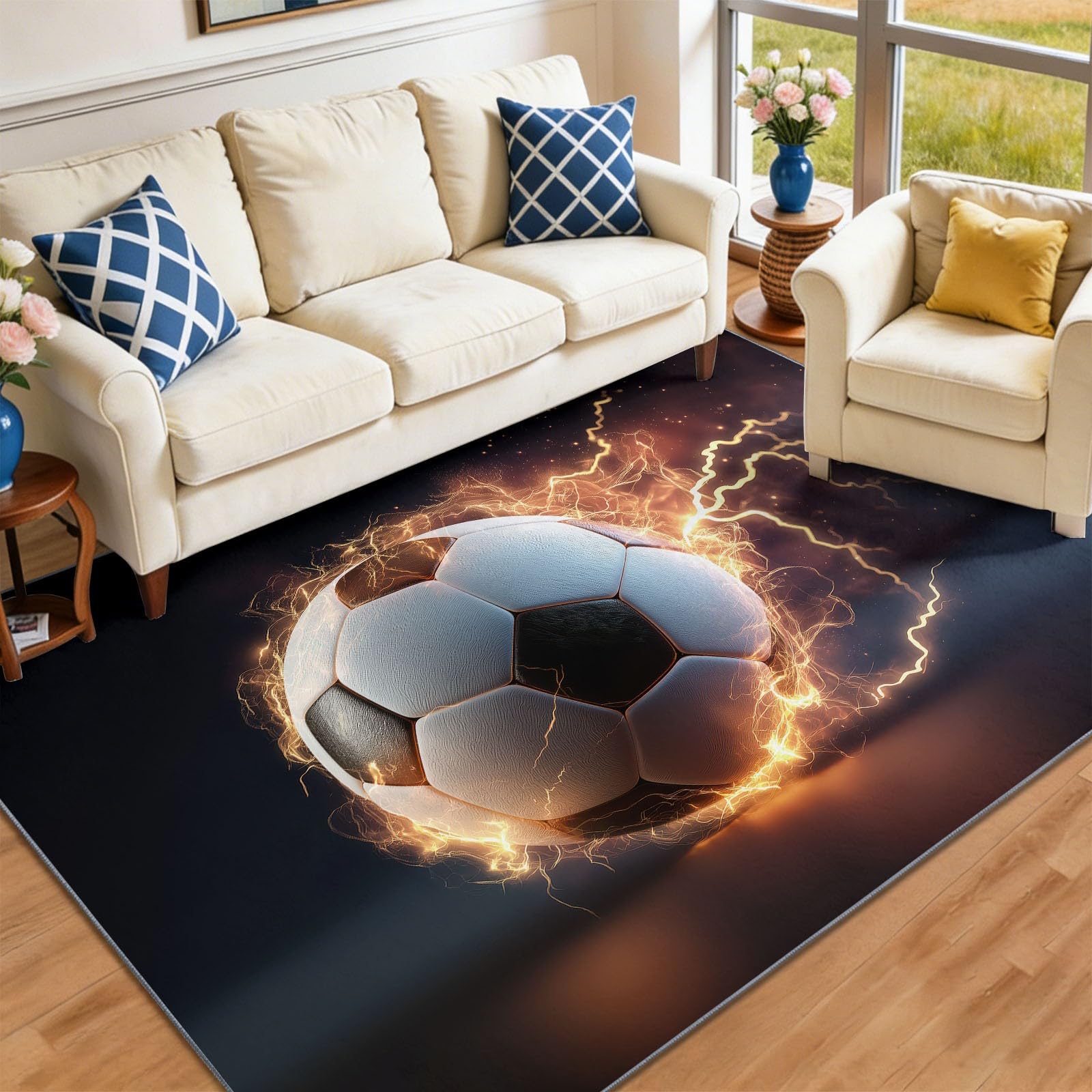 Tappeto antiscivolo per soggiorno, 120 x 180 cm, tappeto a pelo basso, lavabile in lavatrice, con motivo stampato campo di calcio effetto 3D, per cameretta, cameretta dei bambini, sala giochi, nero