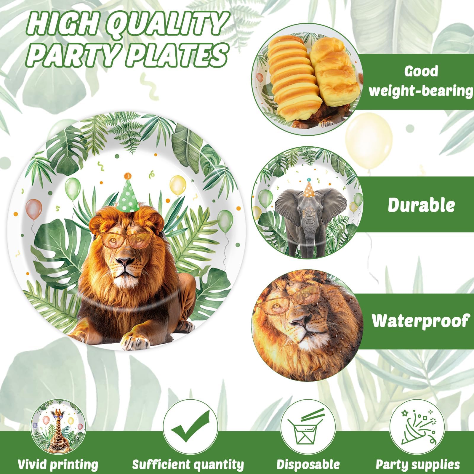 ZOIIWA Juego de 60 platos de fiesta de safari de la selva de 7 pulgadas, diseño de animales salvajes, vajilla de papel de cumpleaños, decoraciones temáticas de animales de safari para niños y niñas
