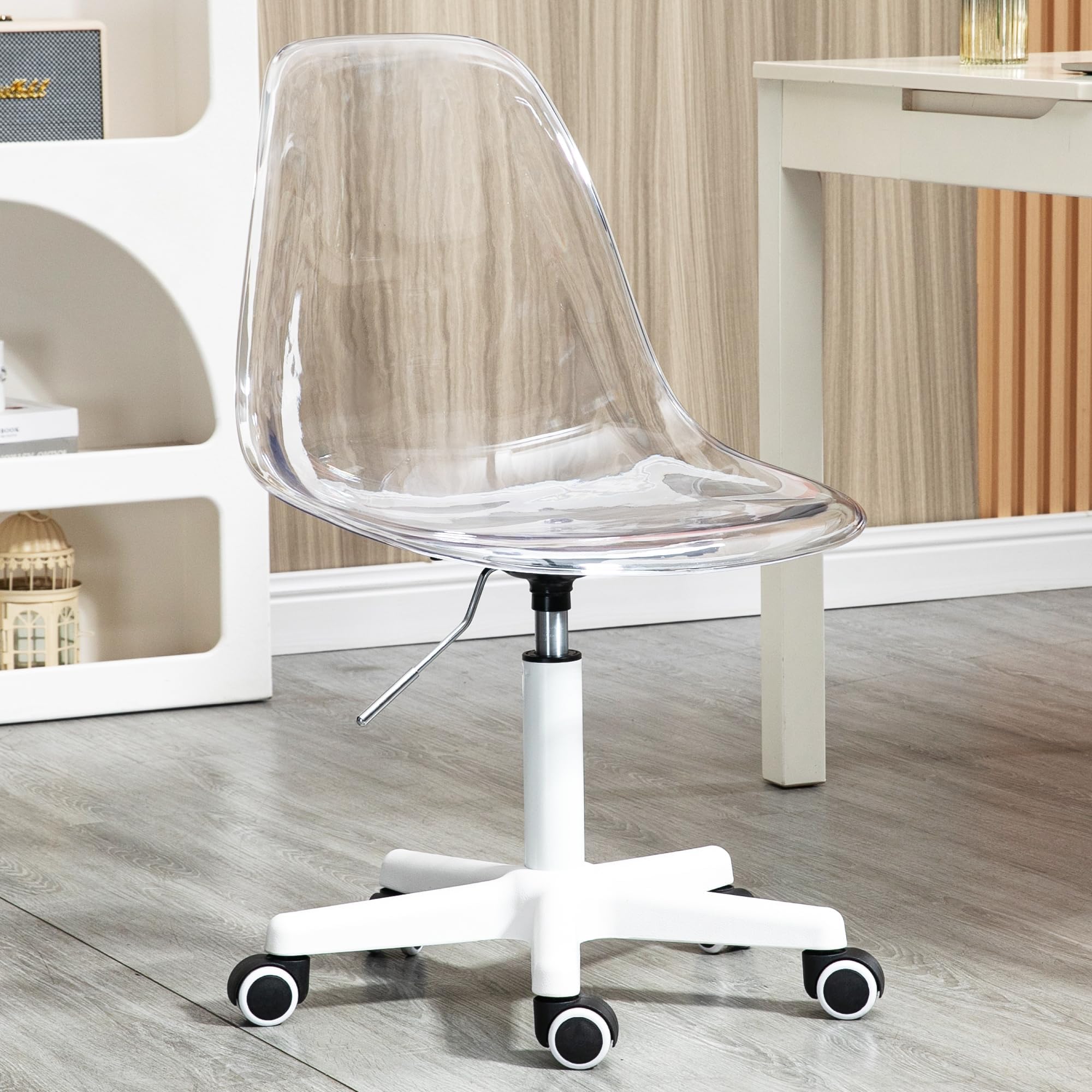 Acrylic Clear Desk Chair, Modern Small Cute Armless Vanity Rolling Plastic Chair Home Office Lucite Ghost Chairs with White Legs and Wheels, Clear