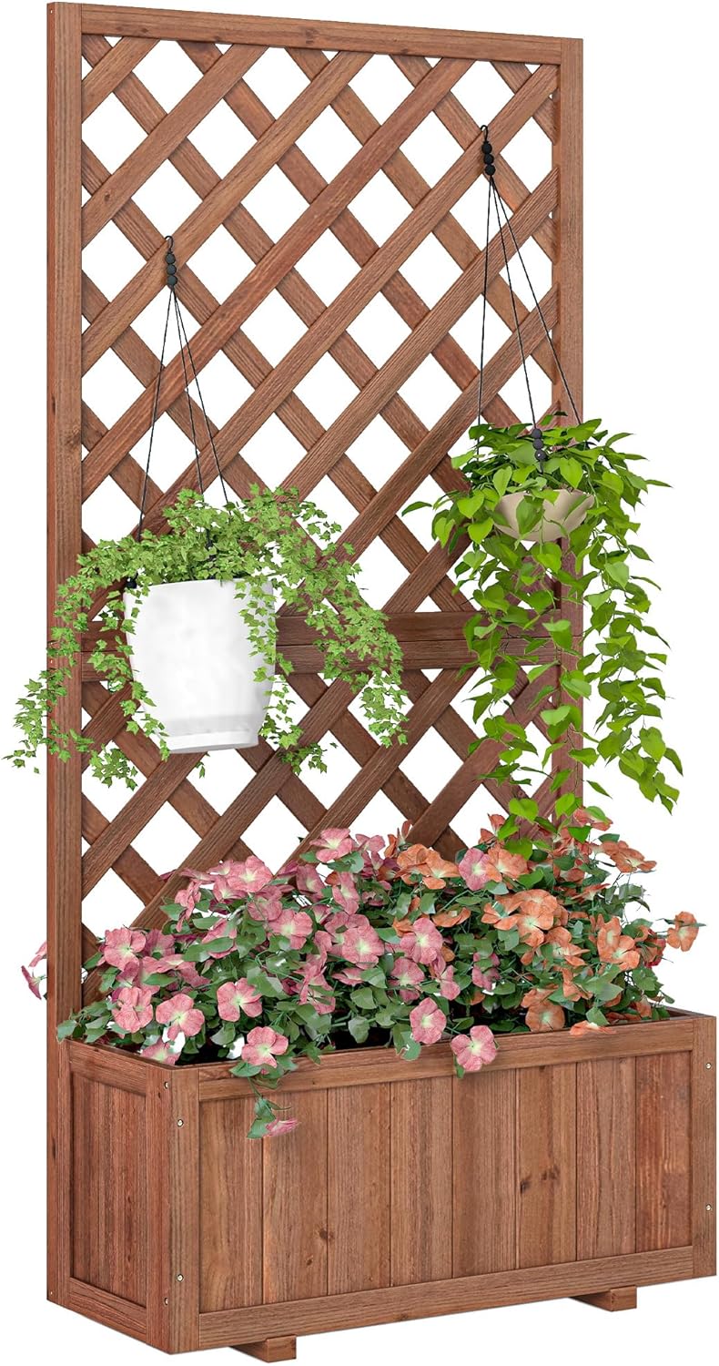 Outsunny Wooden Raised Garden Bed with Trellis, 59" Outdoor Planter Box with Drainage Holes, Planter Raised Bed for Climbing Vine Plants Flowers, Orange