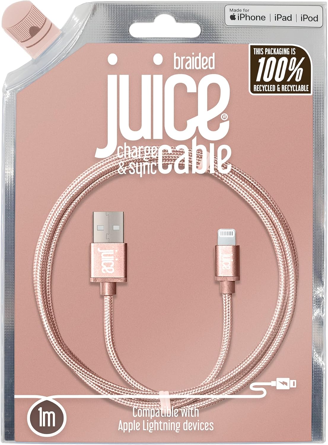 Juice Apple Lightning Cable 1m Braided Rose Gold,iPhone 14, Max, Pro, Plus, iPhone 13, Max, Pro and Mini, iPhone 12, Max, Pro and Mini, iphone 11, Pro, X, Xr, iPhone 8, 7, 6, SE, 5, iPad,