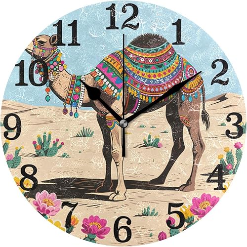 KLL Vintage Boho Camel Cactus Flowers 10 Inch Round Wall Clocks Kitchen Non Ticking Art for Hotel School Home relojes de pared para cocina