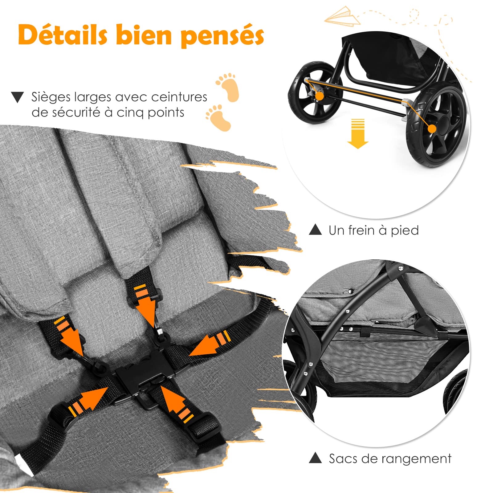 DREAMADE Poussette Double Pliable à 4 Roues avec Freins, Landau pour Bébé avec Ceinture de Sécurité à Cinq Points, Capotes et Pédales Réglables, Charge totale 30kg, Gris